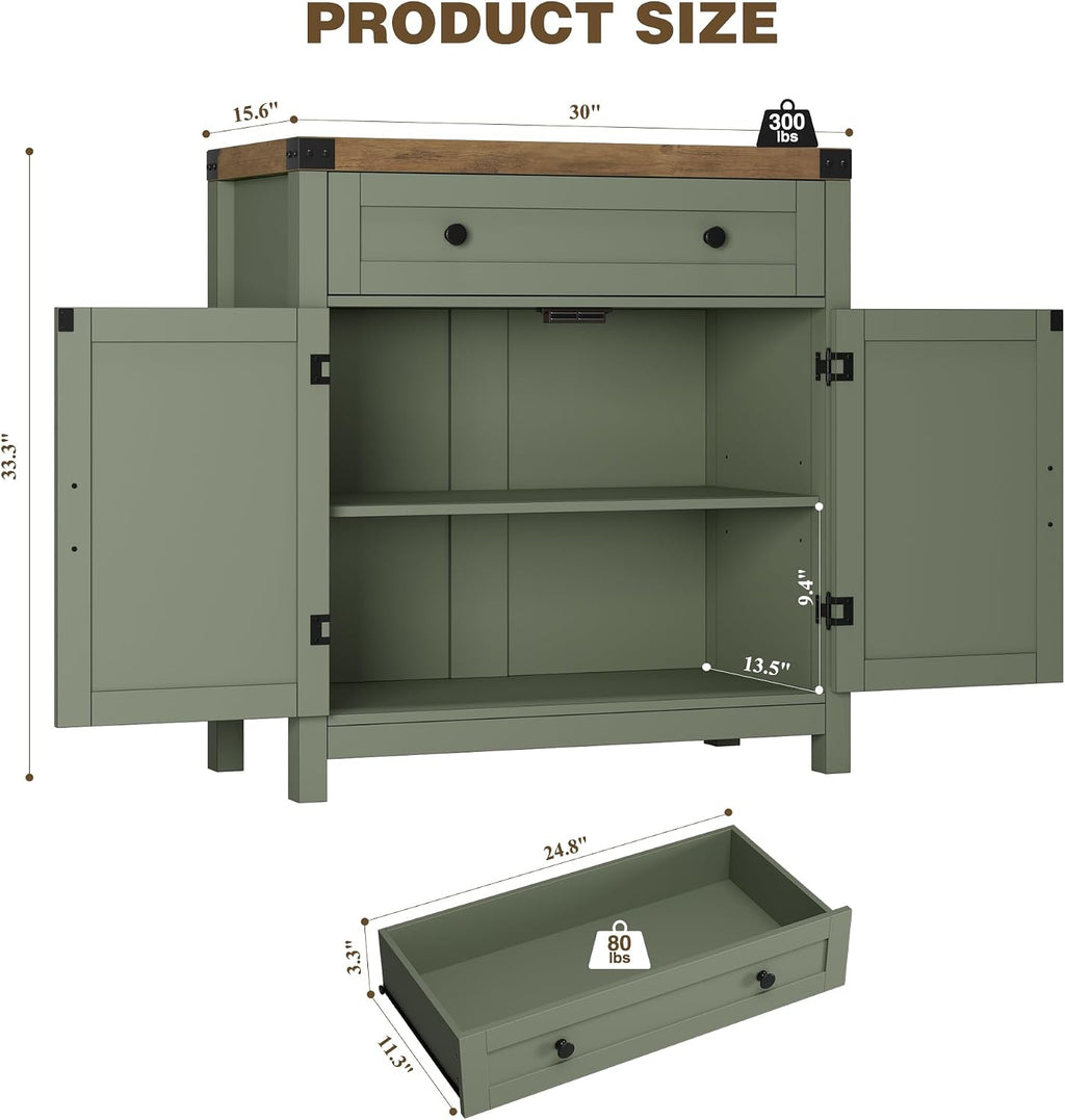 HOSTACK Coffee Bar Cabinet, Kitchen Storage Cabinet, Modern Farmhouse Buffet Sideboard with Drawer & Adjustable Shelf, Barn Door Accent Cabinets for Kitchen, Dining Room, Entryway, Green/Rustic Brown