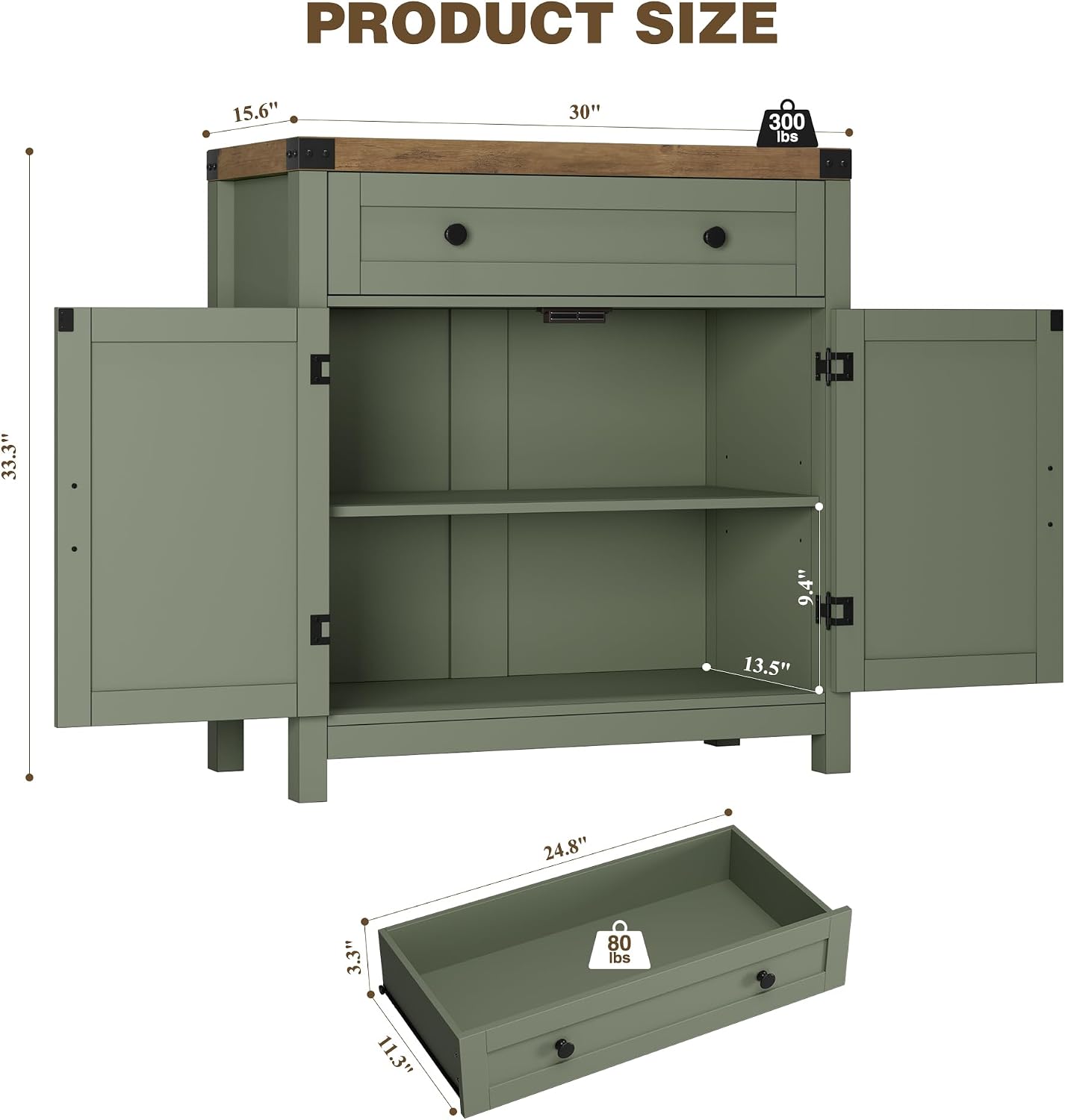 HOSTACK Coffee Bar Cabinet, Kitchen Storage Cabinet, Modern Farmhouse Buffet Sideboard with Drawer & Adjustable Shelf, Barn Door Accent Cabinets for Kitchen, Dining Room, Entryway, Green/Rustic Brown