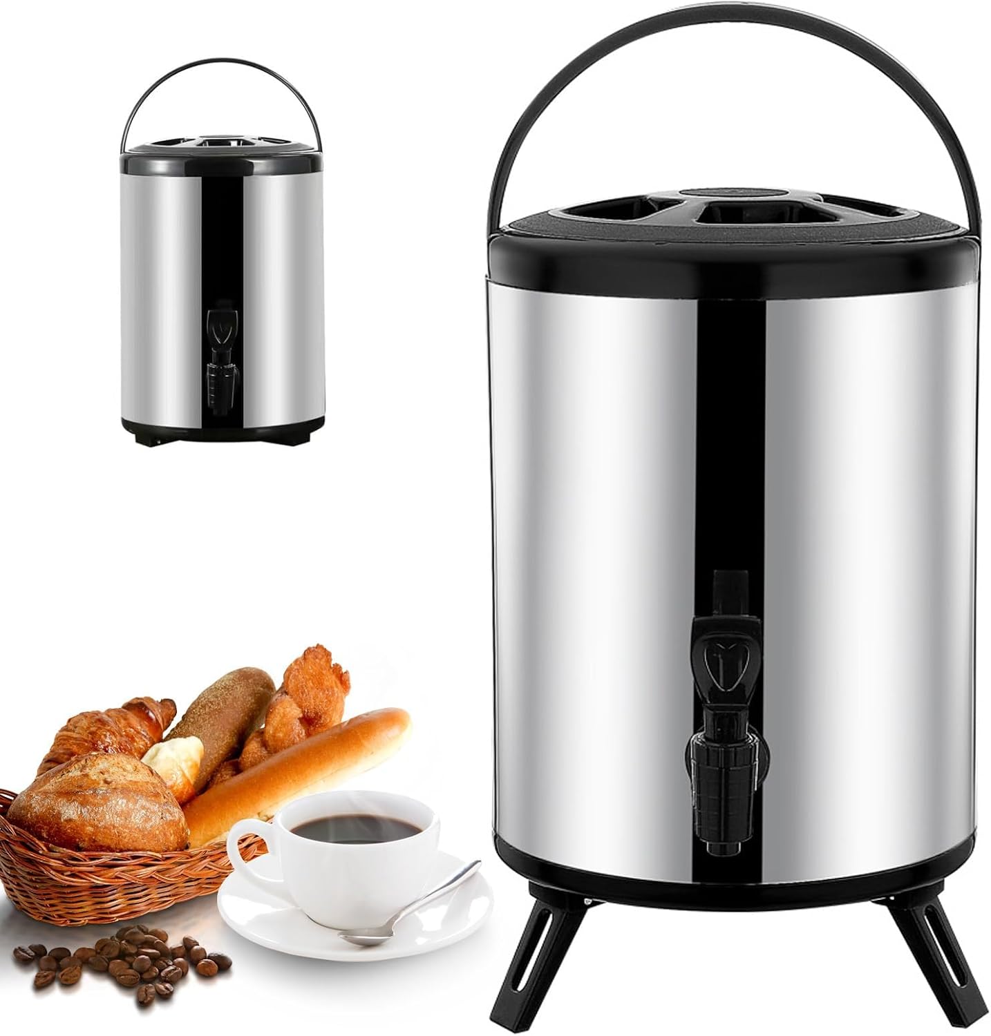 Hot and Cold Water Dispenser with Faucet Portable Insulated Beverage Kettle 8L-12L Large Capacity Stainless Steel Tea Coffee Dispenser Water Bottle (A 8L)