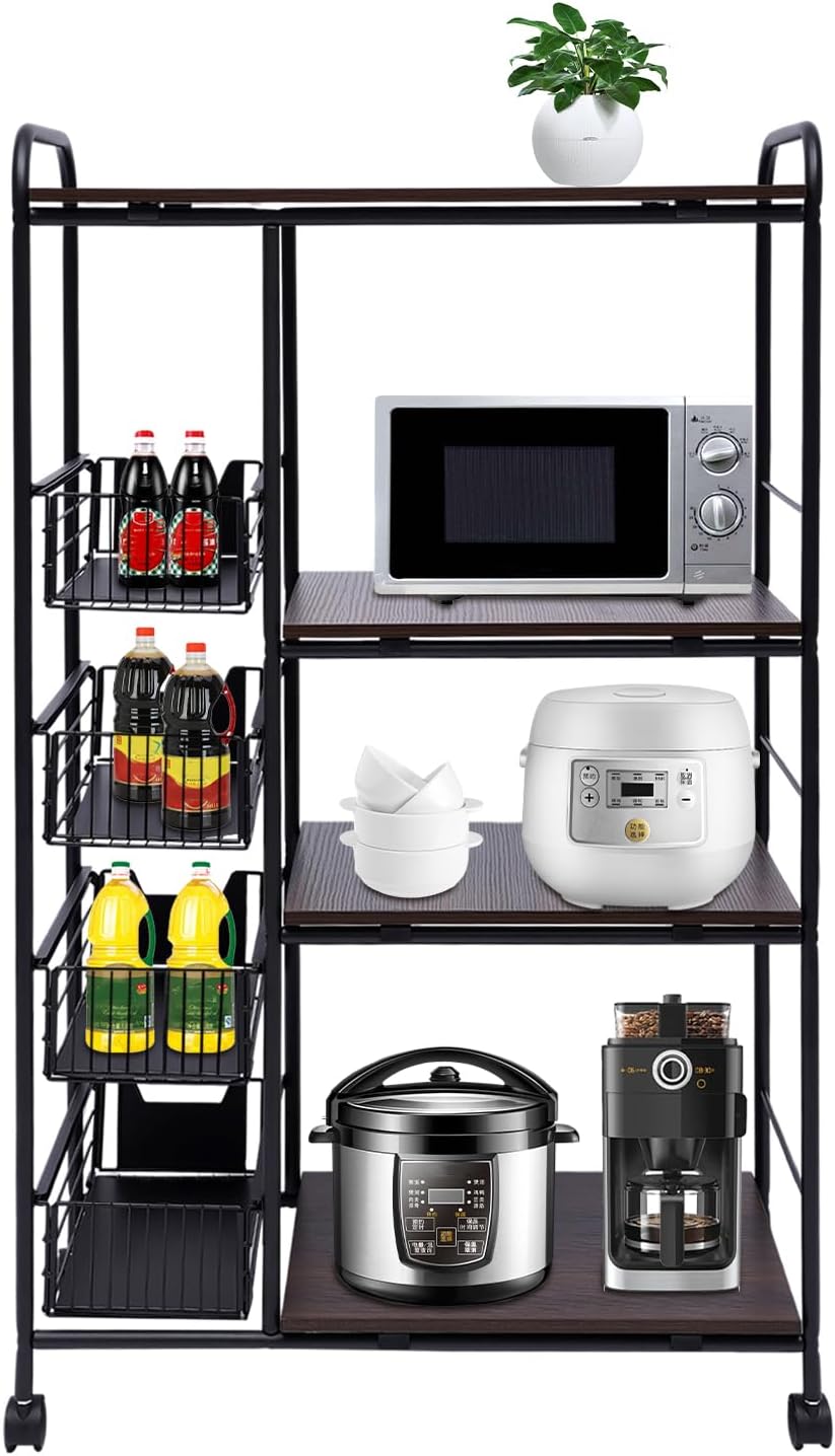 5-Tier Kitchen Standing Baker's Rack with Power Outlet, Kitchen Storage Rack with Wire Basket