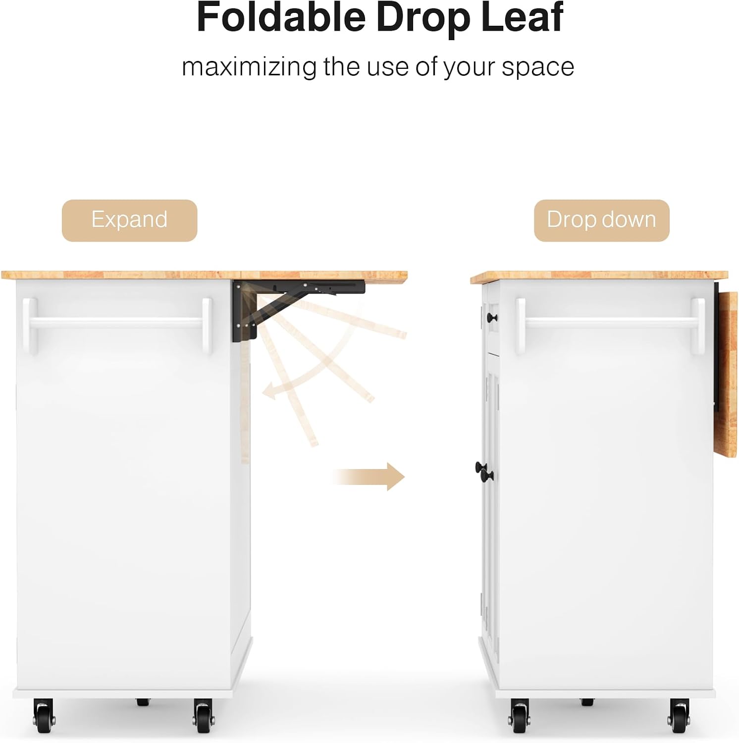 Ahomly Kitchen Island with Storage, Island Table for Kitchen with Drop Leaf, 5 Wheels, Interal Storage Rack, a Drawer, Spicy Rack and Towel Bar, Sufficient Countertop Space and Storage, White