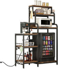 7-Tier Mini Fridge Stand with Power Outlets, Coffee Bar Cabinet with Fridge Space, Microwave Stand and Storage Shelves, Vintage Brown Metal Frame Kitchen Baker's Rack for Home, Dorm & Office