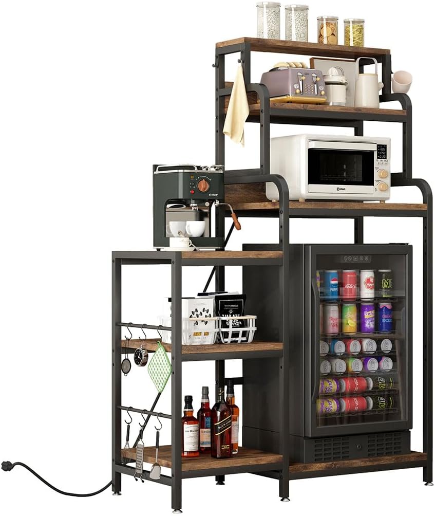 7-Tier Mini Fridge Stand with Power Outlets, Coffee Bar Cabinet with Fridge Space, Microwave Stand and Storage Shelves, Vintage Brown Metal Frame Kitchen Baker's Rack for Home, Dorm & Office