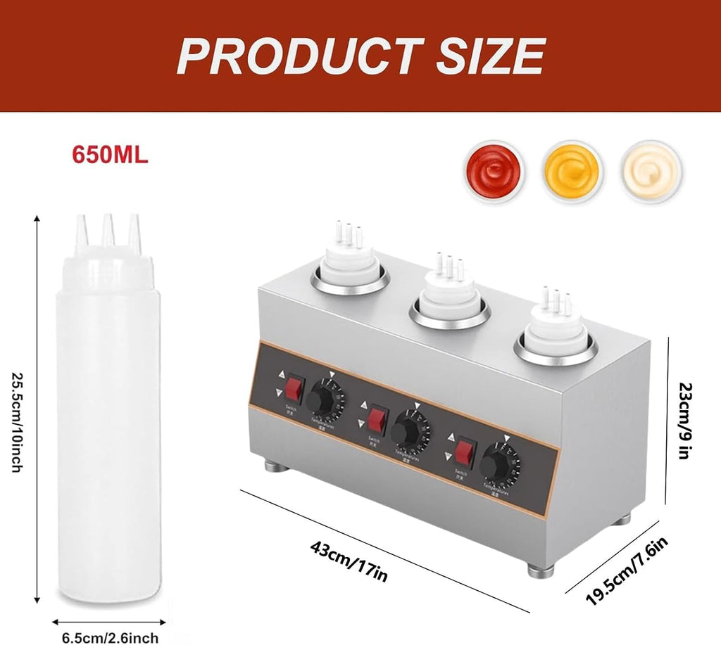 Countertop Stainless Steel Sauce Bottle Warmer, Electric Cheese Sauce Warmer, Commercial Cheese Dispenser, With Bottles, Independent Temperature Control, For Heating Chocolate, Butter And Jam 3网格