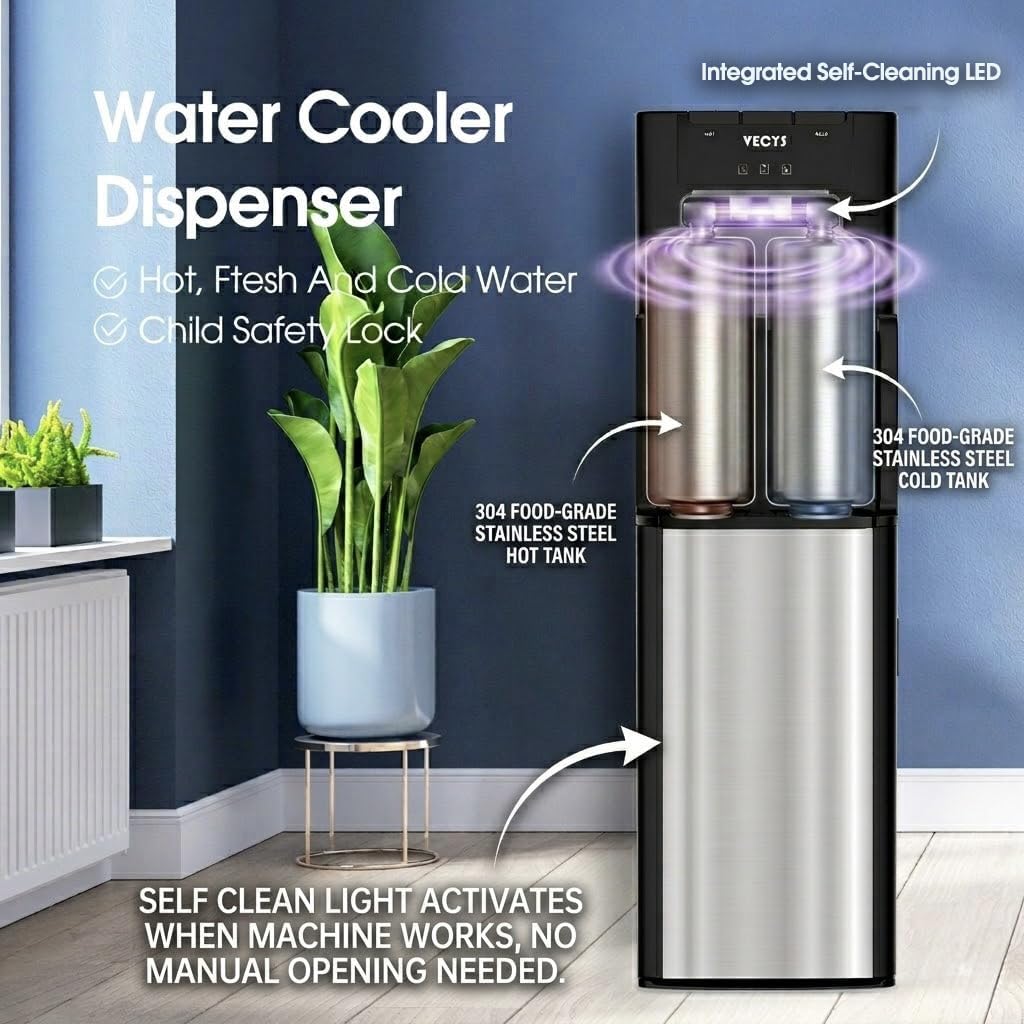 VECYS Self-Cleaning Bottom Loading Water Dispenser for 3-5 Gallon Bottle, 304 Stainless Steel Reservoirs & Intake Tube, Hot Cold Room Temperature Water Cooler, Child Safety Lock