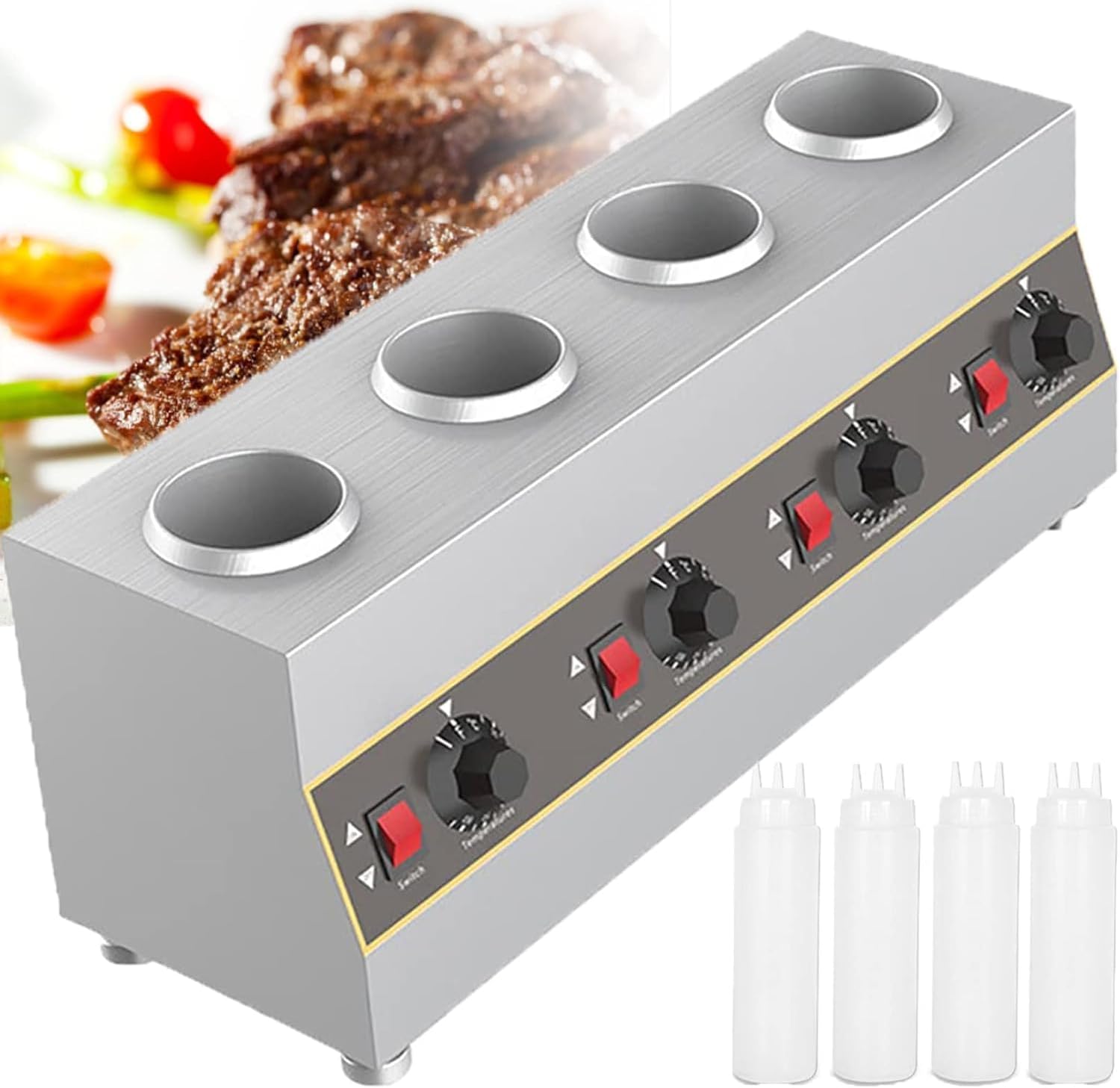 Commercial Electric Sauce Warmer Electric Cheese Sauce Warmer Hot Fudge Warmer Dispenser Cheese Dispenser Warmer with 4 Pump(110v/60Hz)
