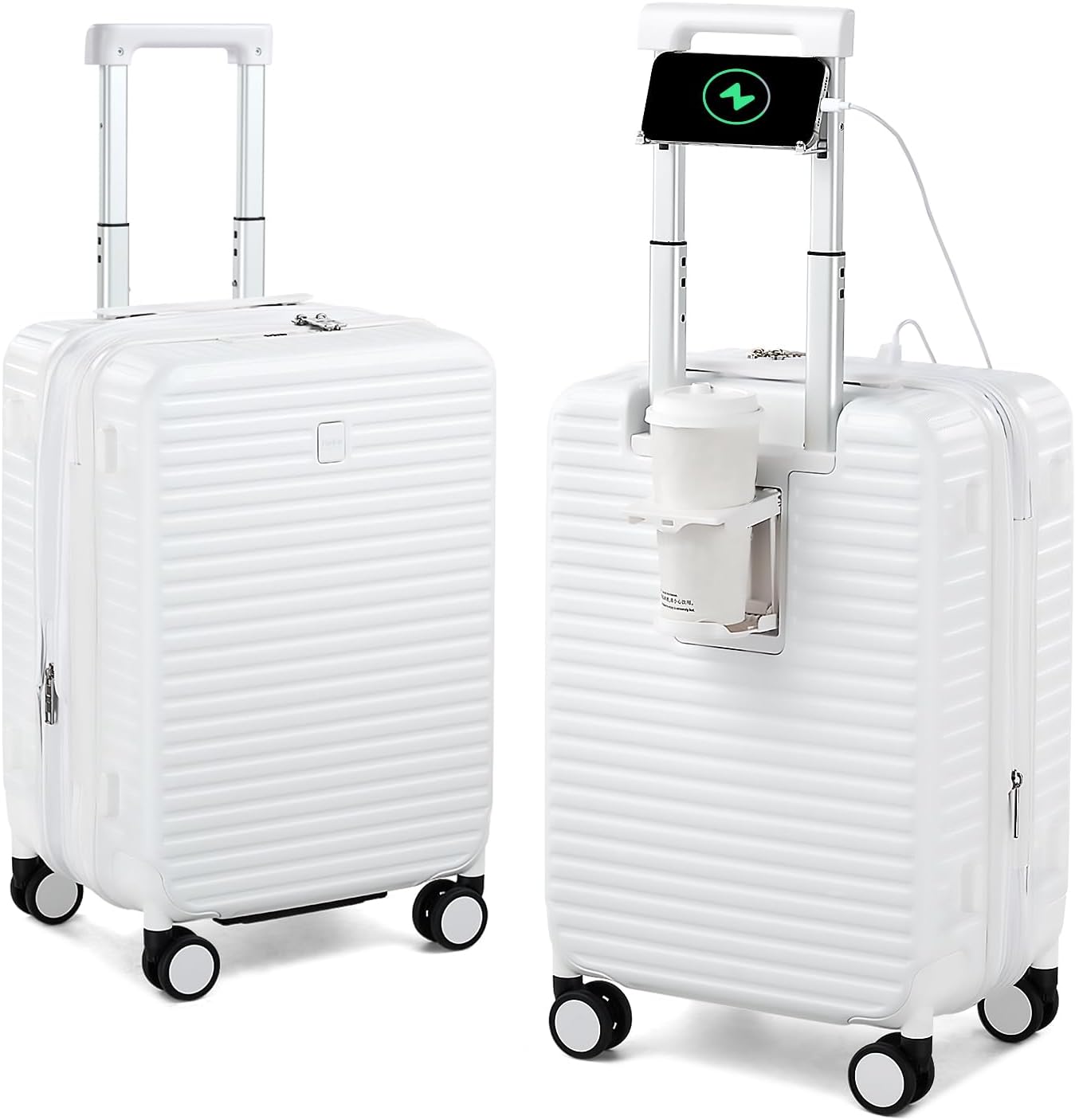 HanTrip Hard Shell Suitcases Airline Approved 20 Inch Carry on Luggage, Expandable Travel Luggage Carry on Luggage with Cup Holder Charger Built in, Lightweight Small Suitcases with Wheels, White