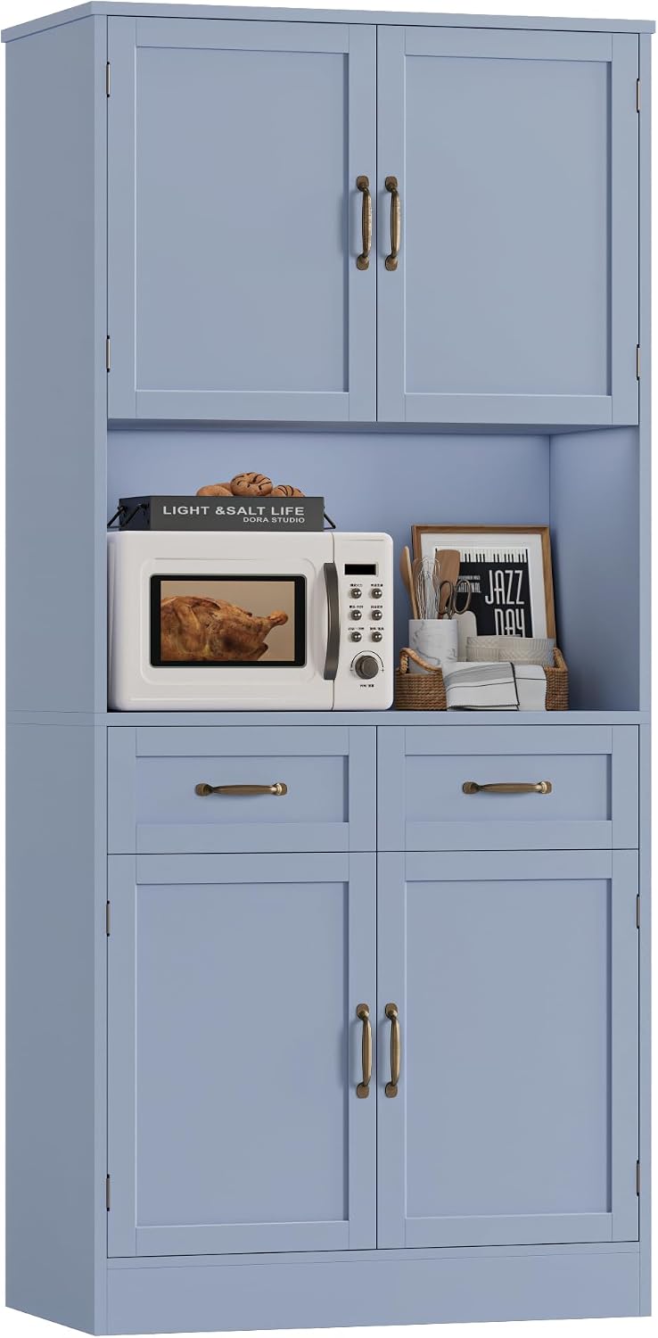 HOSTACK 71' Tall Kitchen Pantry Storage Cabinet, Modern Kitchen Hutch Bar Cabinet with Microwave Stand, Wood Buffet Sideboard with Hutch, Cupboard with Drawers, Shelves for Dining Room, Light Blue