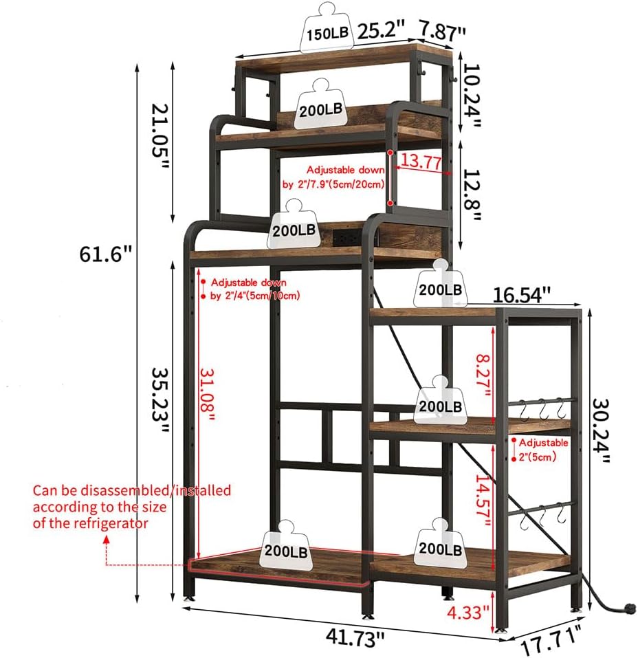 7-Tier Mini Fridge Stand with Power Outlets, Coffee Bar Cabinet with Fridge Space, Microwave Stand and Storage Shelves, Vintage Brown Metal Frame Kitchen Baker's Rack for Home, Dorm & Office