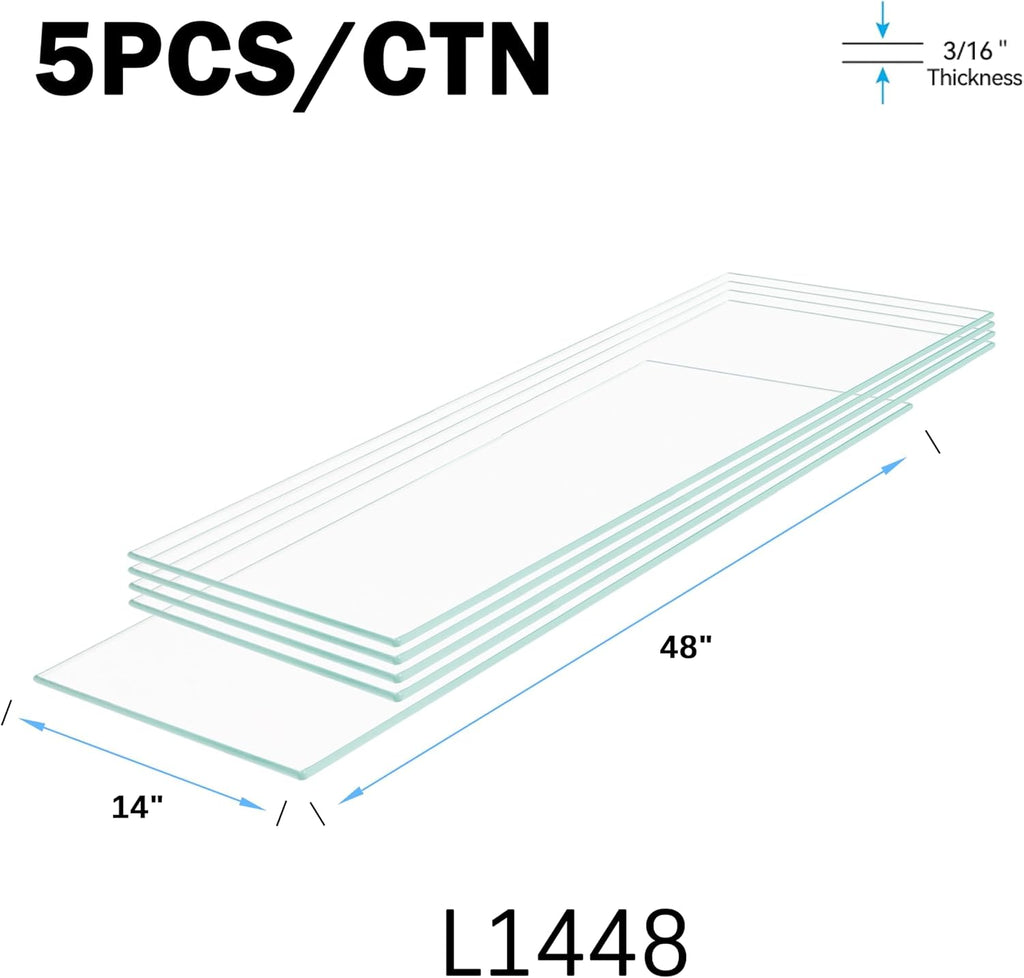 Floating Shelves - Pack of 5 Tempered Glass Shelves, 14' W x 48' L, 3/16' Thick, Polished Edges-– Rectangular Replacement Shelves for Cabinets, Display Cases & Retail Fixtures