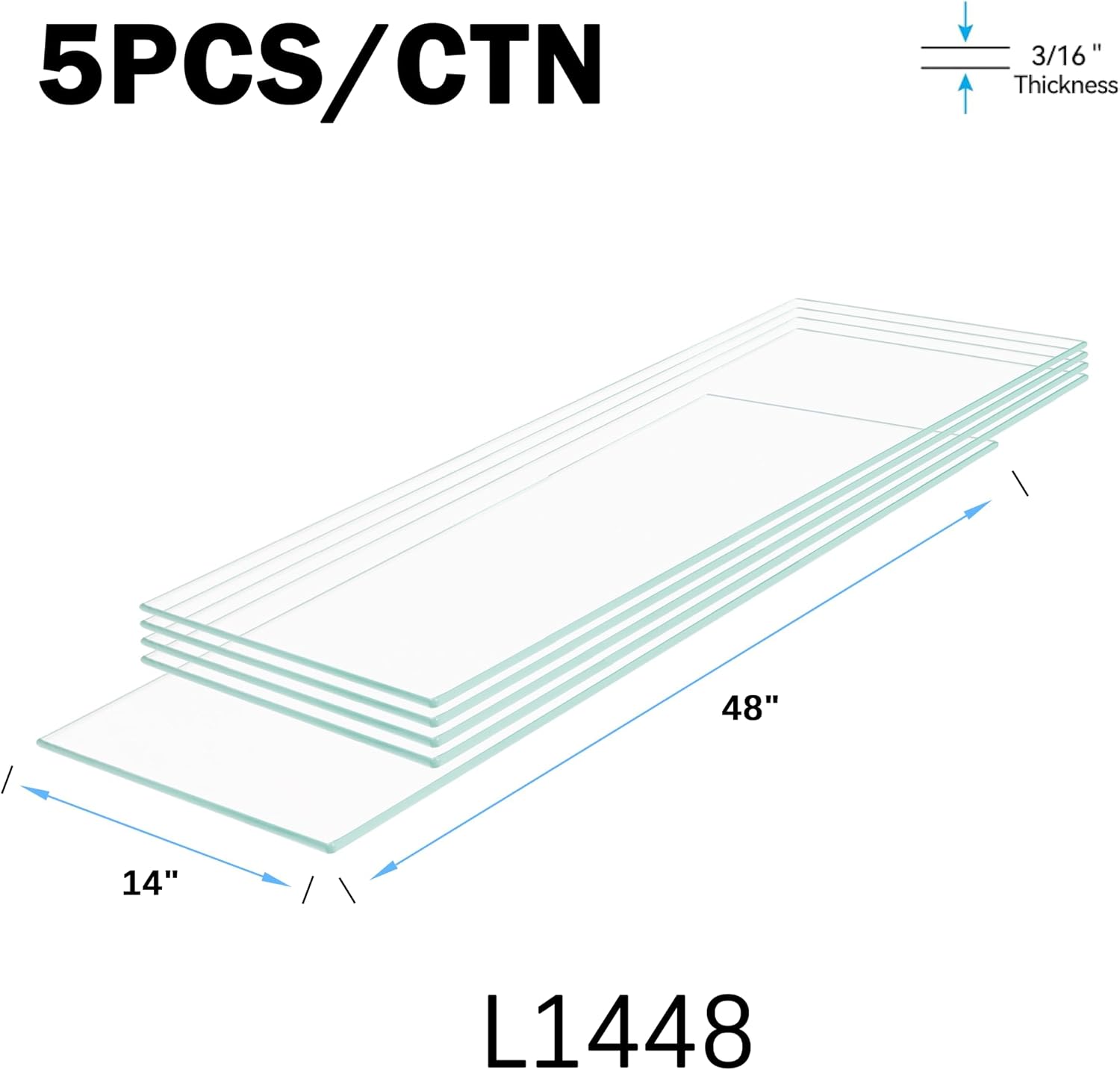 Floating Shelves - Pack of 5 Tempered Glass Shelves, 14' W x 48' L, 3/16' Thick, Polished Edges-– Rectangular Replacement Shelves for Cabinets, Display Cases & Retail Fixtures