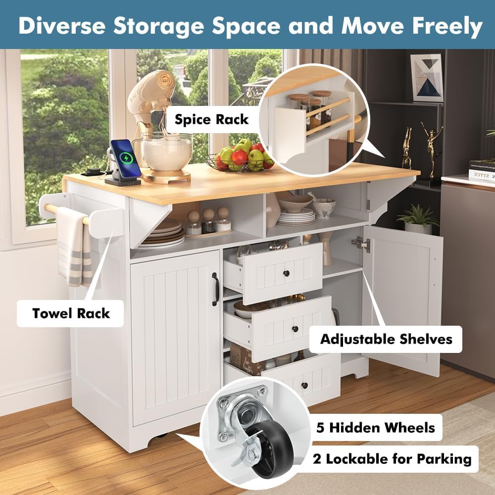 Kitchen Island with 2 Drop Leaf, Home Cart Island on Wheels Foldable Dining Table with Power Outlets,3 Drawers,Storage Cabinet, Tower Rack(White)