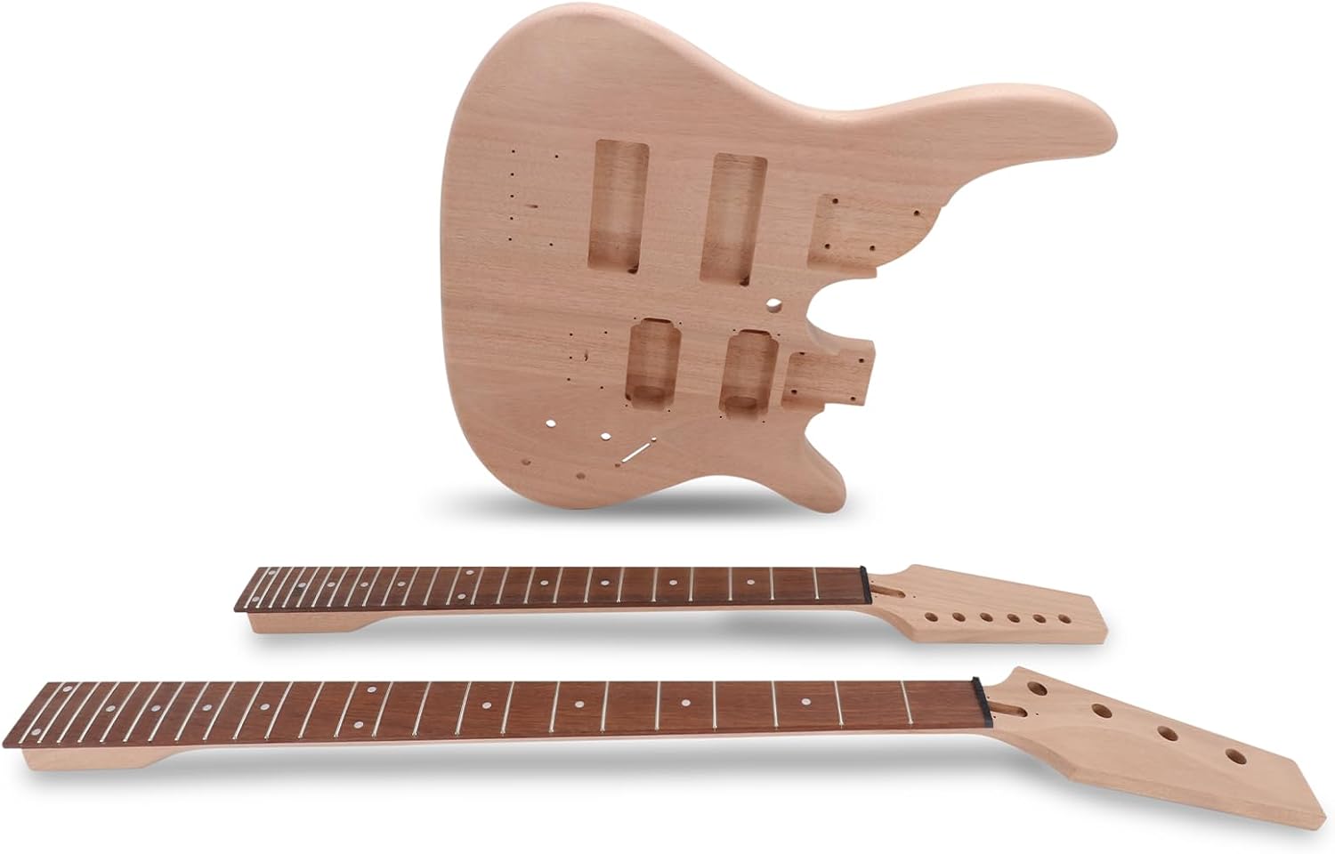 Double Neck DIY Electric Guitar and Bass Kit 6 String and 4 String Guitar Kit Right Handed with Mahogany Body Mahogany Neck Rosewood Fretboard Chrome Hardware Build Your Own Bass and Guitar.