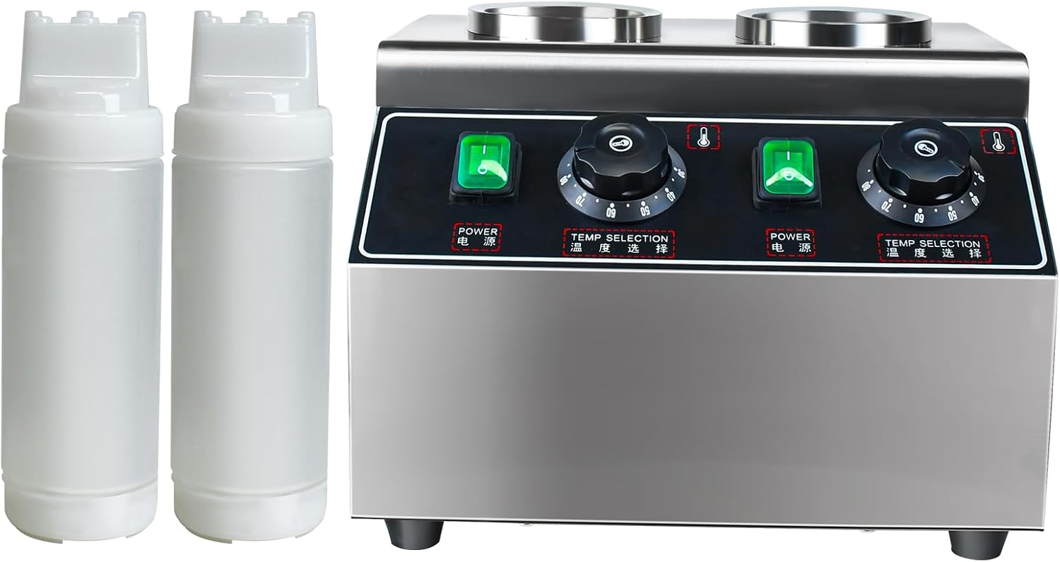 KOOTEN Cheese Warmer Electric Sauce Bottle Warmer Hot Chocolate Warmer and Dispenser 0.68x2 Qt Commercial Hot Fudge Warmer 86-185℉Sauce Warmer Dispenser,Double Bottles Nacho Cheese Warmer