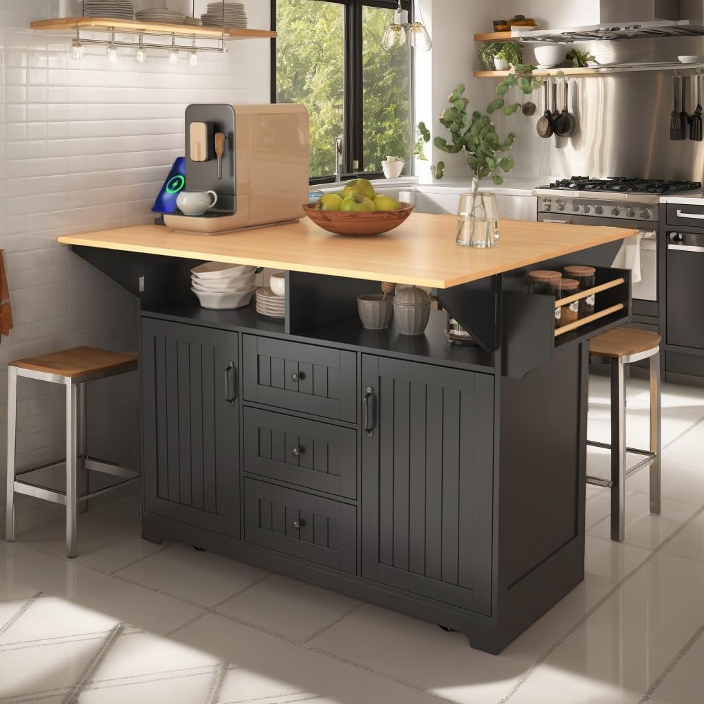 Kitchen Island with 2 Drop Leaf, Home Cart Island on Wheels Foldable Dining Table with Power Outlets,3 Drawers,Storage Cabinet, Tower Rack(Black)