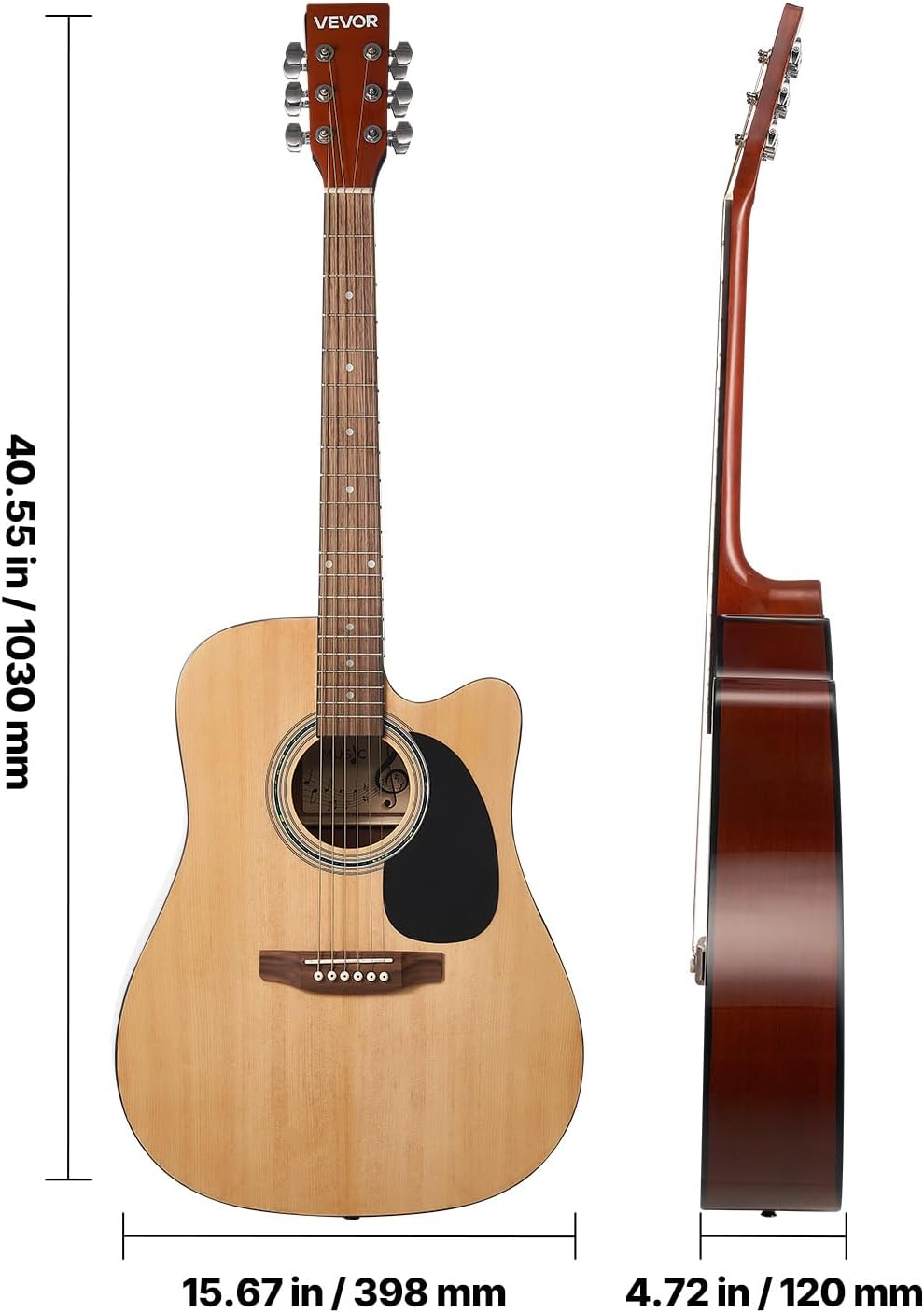 VEVOR Cutway Acoustic Guitar, 41 in, 6-String, Natural Solid Spruce Top Guitar, Beginner Bundle with Gig Bag, Tuner, Strap, Steel Strings, Picks, Capo, Rosewood Fingerboard, for Fingerstyle Solo Jazz