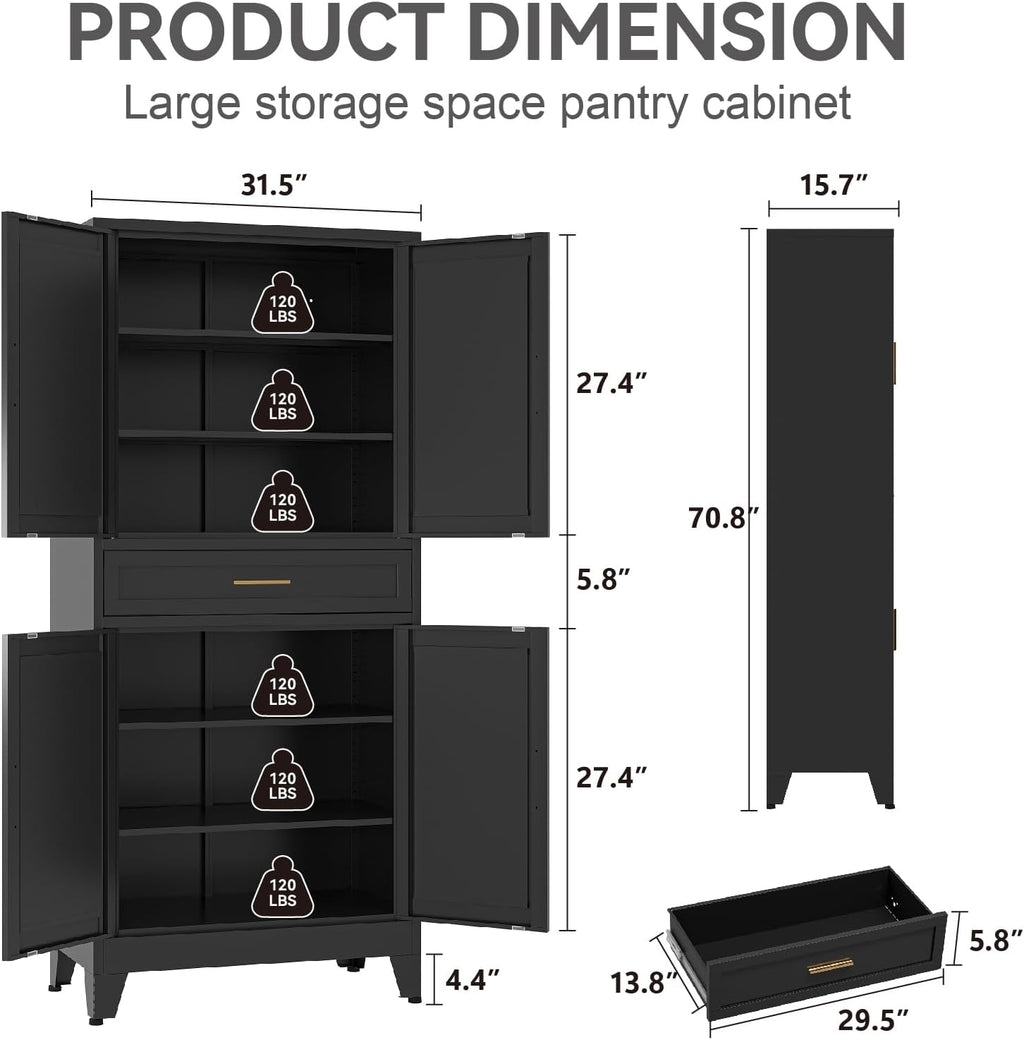 Metal Storage Cabinet, 71' Tall Kitchen Pantry Cabinets, Steel File Cabinet with 4 Doors & Adjustable Shelves and Drawer for Kitchen, Dining Room, Living Room, Bathroom