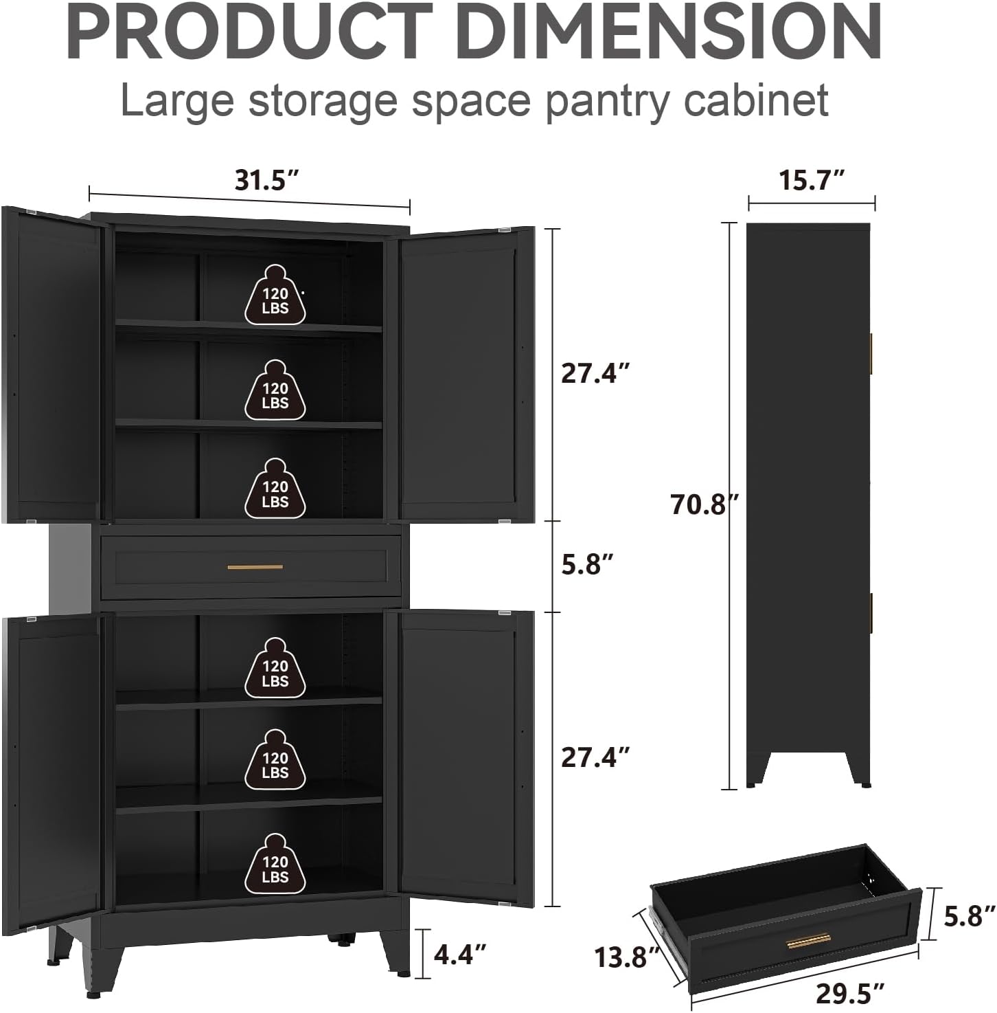 Metal Storage Cabinet, 71' Tall Kitchen Pantry Cabinets, Steel File Cabinet with 4 Doors & Adjustable Shelves and Drawer for Kitchen, Dining Room, Living Room, Bathroom