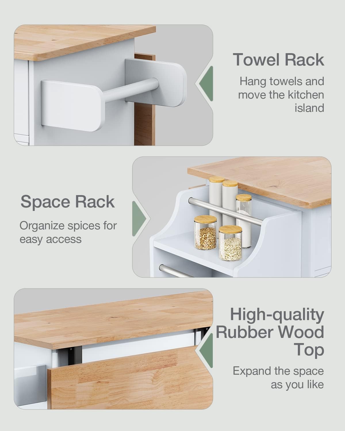 QSun Kitchen Island on Wheels Kitchen Cart with Rubber Wood Top, Mobile Kitchen Island with Double Storage Cabinet and Drawers, Island Table for Kitchen (White)