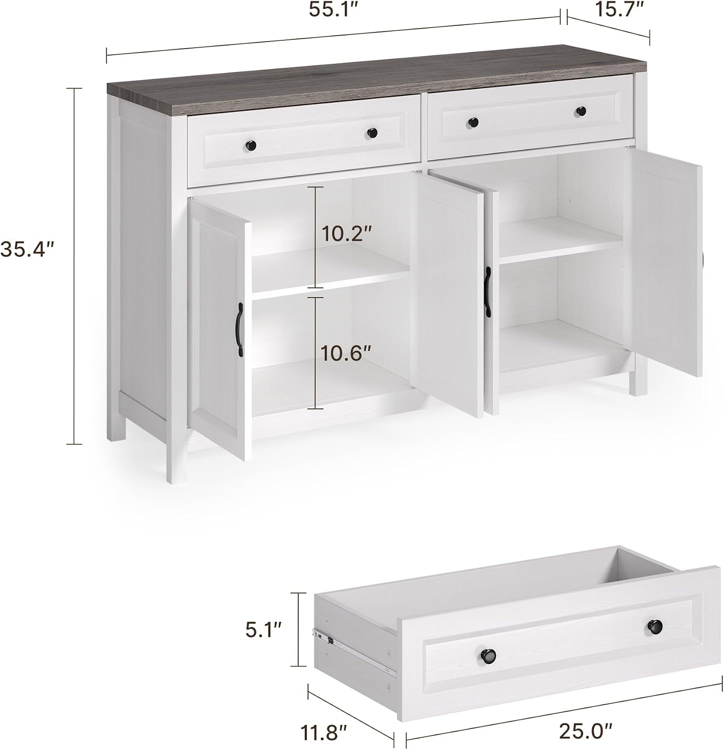 Gizoon Farmhouse Kitchen Sideboard Buffet Cabinet with Storage, Wood Coffee Bar and Storage Sideboard with Drawers and Doors for Kitchen, Dining Room, 15.7' D x 55.1' W x 35.3' H, White/Rustic Brown