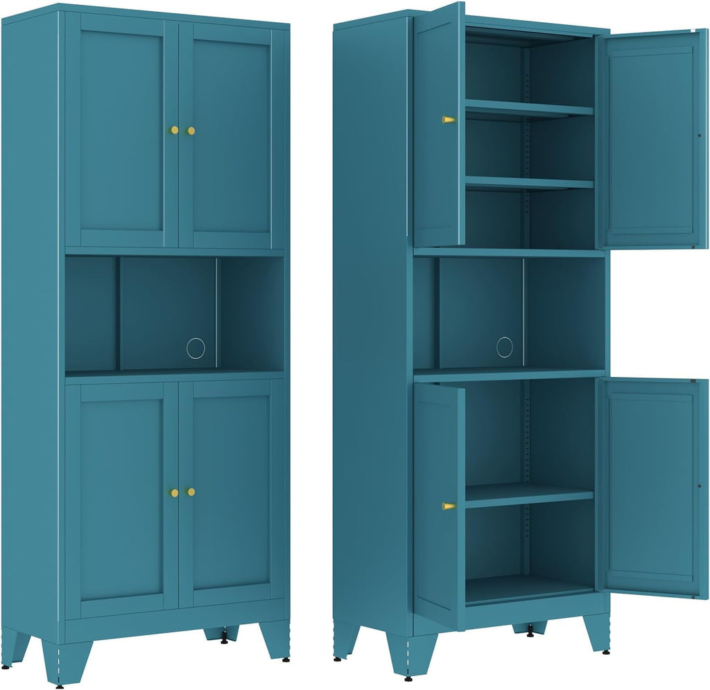 68.9'' Metal Pantry Cabinet, Kitchen Pantry Storage Cabinets with Doors and Microwave Shelf, Tall Freestanding Storage Cabinets with Anti-tip Design, for Dining Room Living Room Bathroom(Blue)