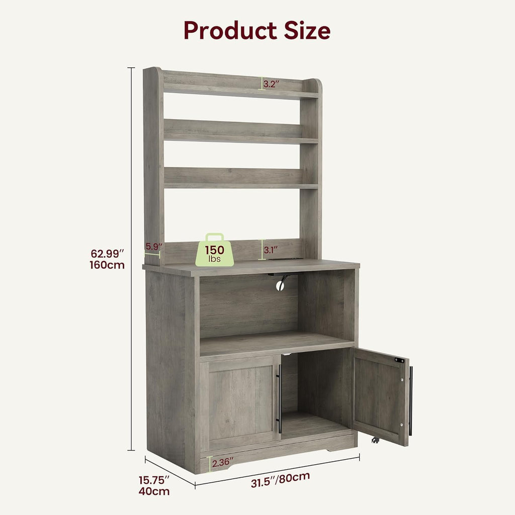 GAOMON Farmhouse Bakers Rack with Storage Cabinet and Charging Station, Kitchen Hutch with Thickened Tabletop, Power Outlets & USB Ports, Pantry Organizer Shelf for Kitchen and Dining Room, Gray