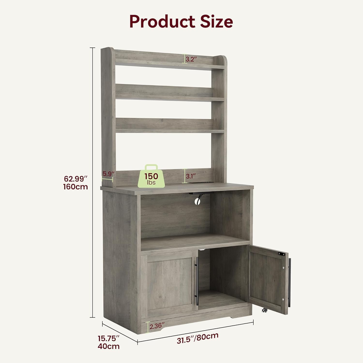 GAOMON Farmhouse Bakers Rack with Storage Cabinet and Charging Station, Kitchen Hutch with Thickened Tabletop, Power Outlets & USB Ports, Pantry Organizer Shelf for Kitchen and Dining Room, Gray