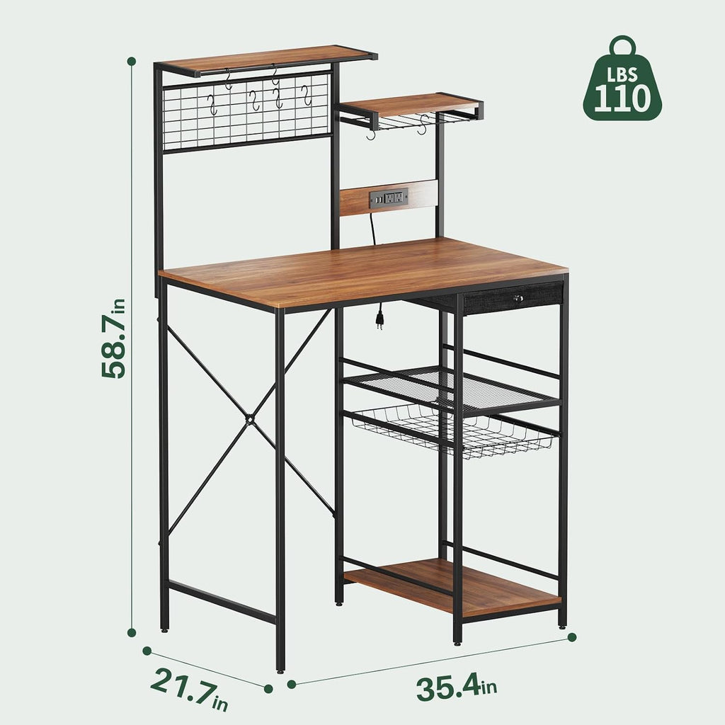 Kitchen Storage Bakers Rack with Power Outlet – Coffee Bar Station with S-Shaped Hooks & Drawer, Adjustable Feet Microwave Stand for Microwave, Mini Fridge, Coffee Maker, Brown