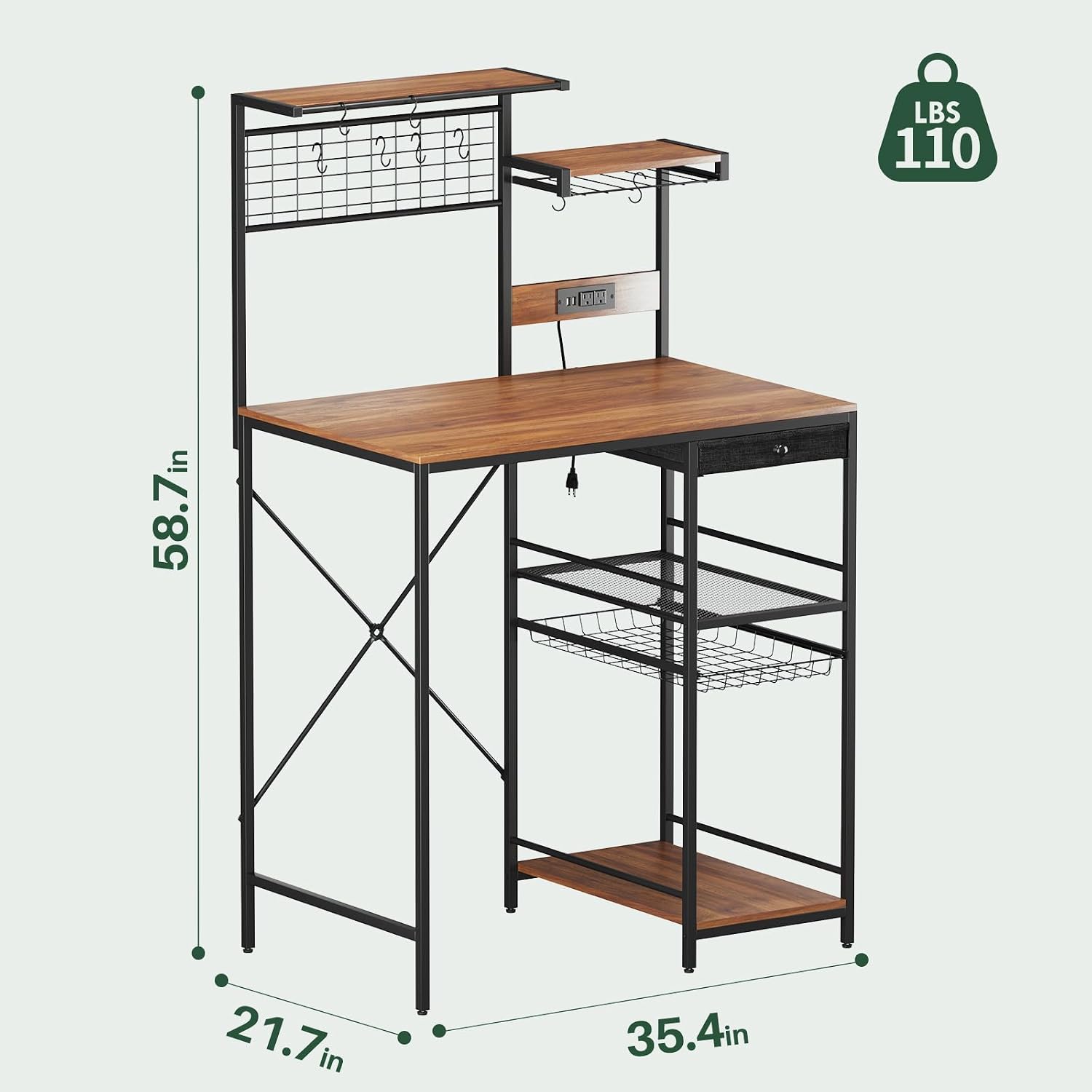 Kitchen Storage Bakers Rack with Power Outlet – Coffee Bar Station with S-Shaped Hooks & Drawer, Adjustable Feet Microwave Stand for Microwave, Mini Fridge, Coffee Maker, Brown