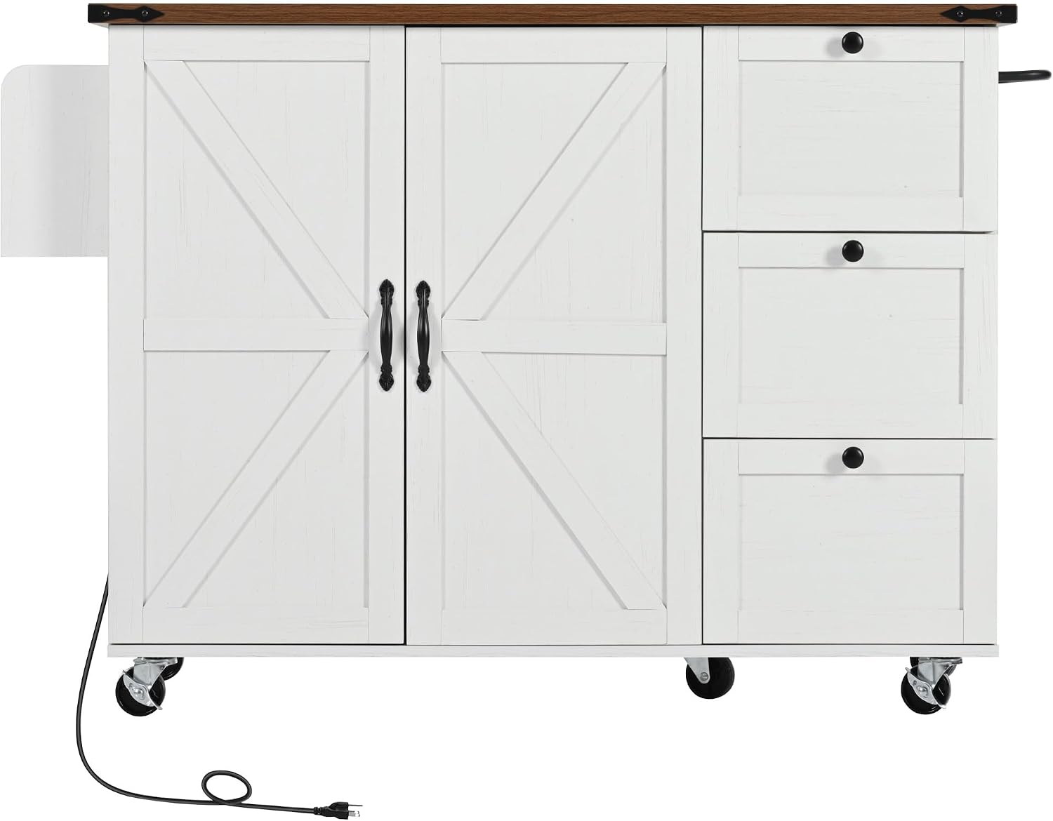 Farmhouse Kitchen Island with Power Outlet Rolling Kitchen Island Cart on Wheels with Storage Rack 3 Drawers Drop Leaf White and Light Brown for Kitchen Dining Room Built-in Charging Station