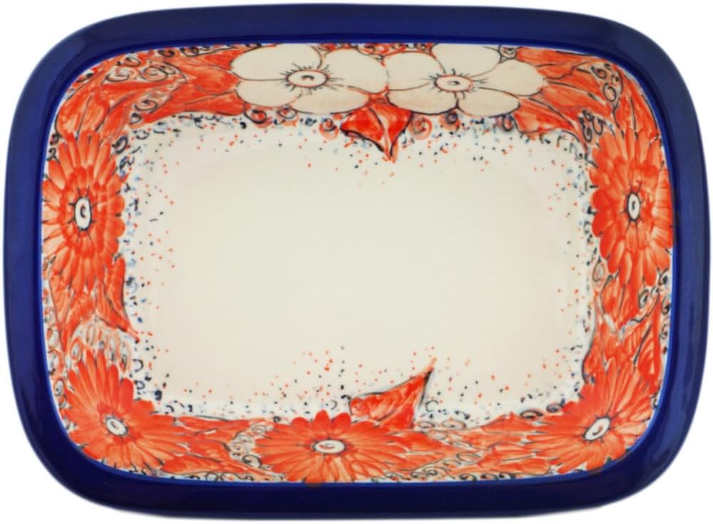 Polmedia Polish Pottery Rectangular Baker UNIKAT - Peachy Keen Pattern Handmade in Boleslawiec Poland by Ceramika Artystyczna + Certificate of Authenticity