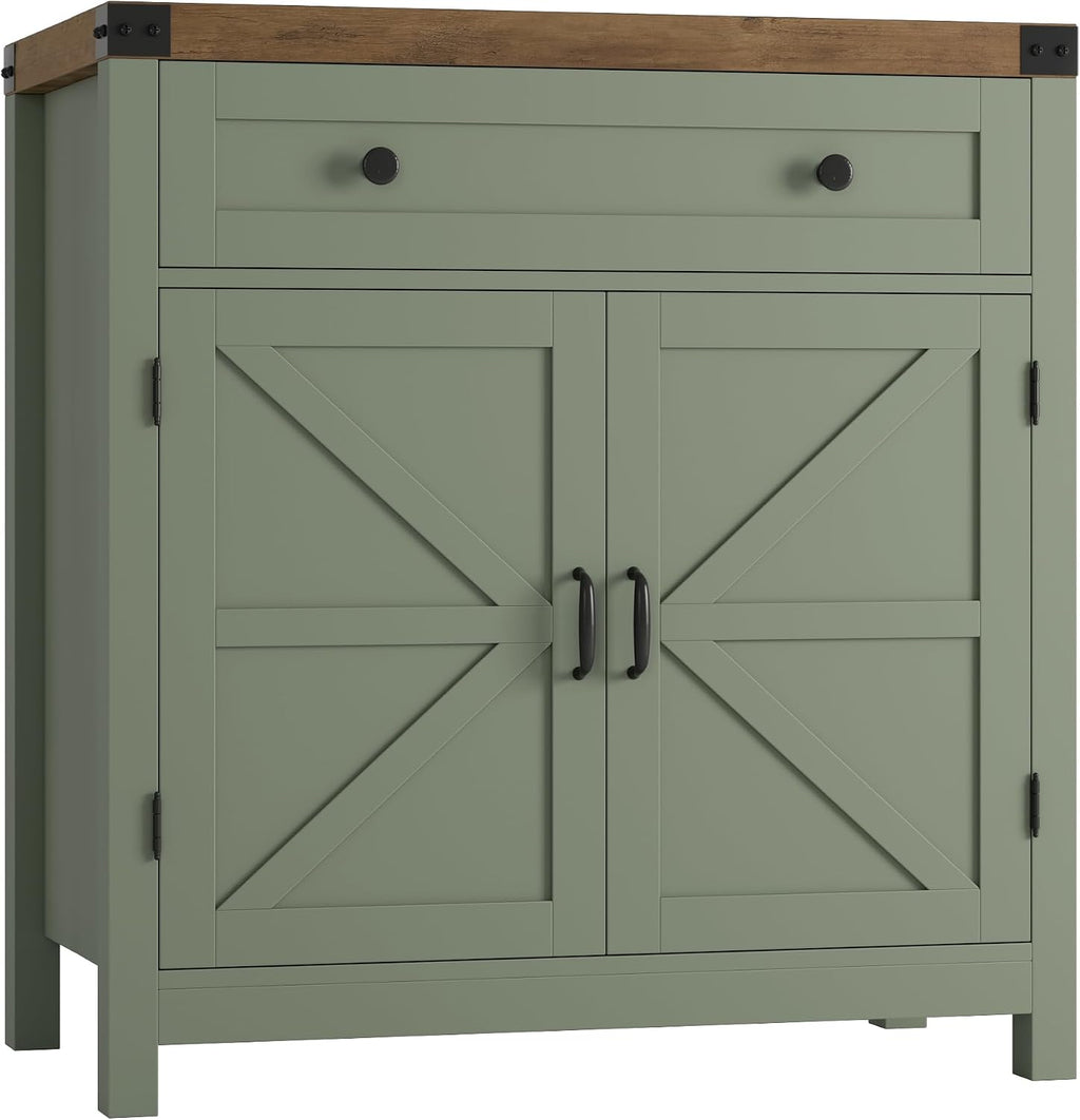 HOSTACK Coffee Bar Cabinet, Kitchen Storage Cabinet, Modern Farmhouse Buffet Sideboard with Drawer & Adjustable Shelf, Barn Door Accent Cabinets for Kitchen, Dining Room, Entryway, Green/Rustic Brown