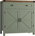 HOSTACK Coffee Bar Cabinet, Kitchen Storage Cabinet, Modern Farmhouse Buffet Sideboard with Drawer & Adjustable Shelf, Barn Door Accent Cabinets for Kitchen, Dining Room, Entryway, Green/Rustic Brown