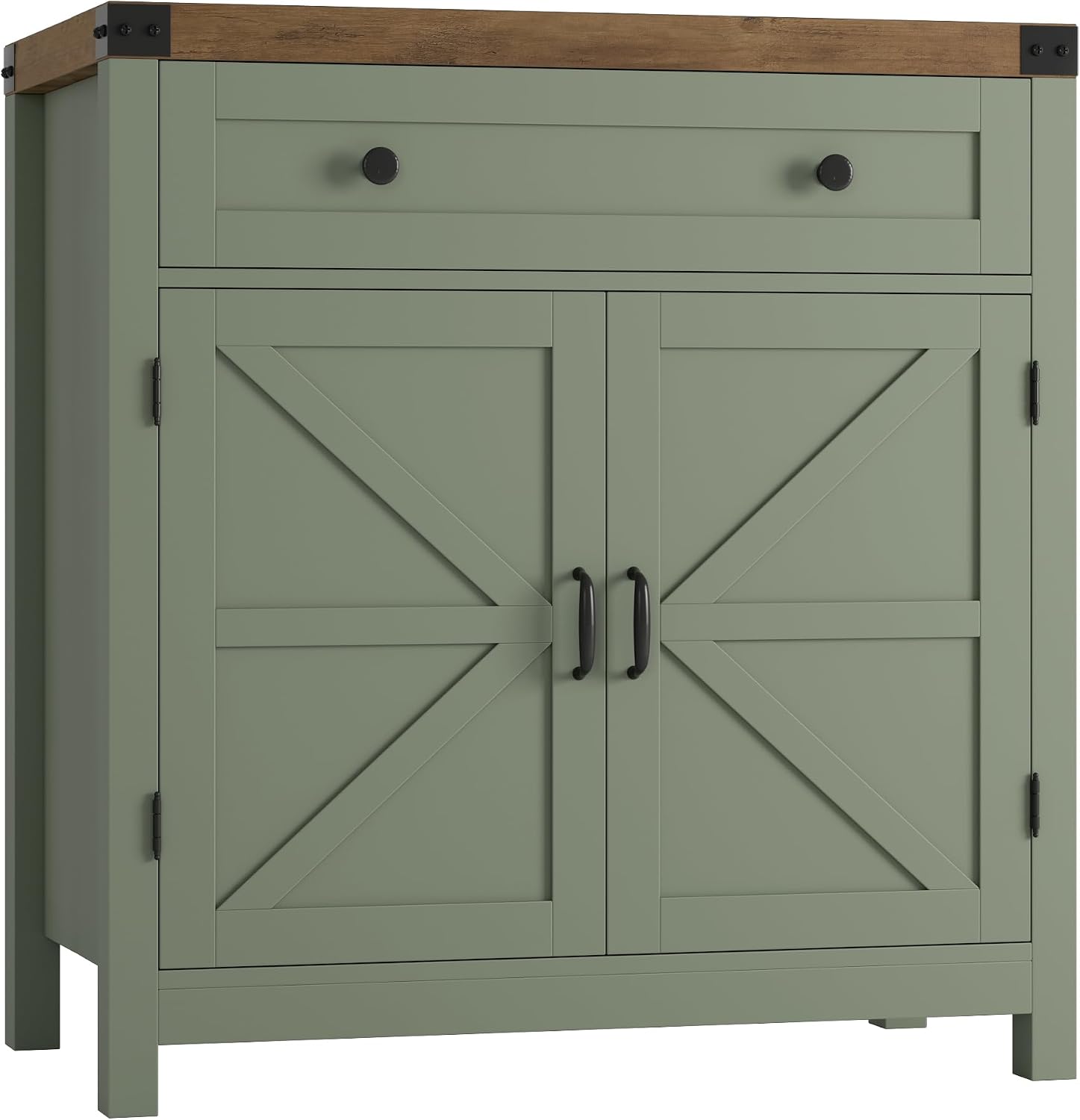 HOSTACK Coffee Bar Cabinet, Kitchen Storage Cabinet, Modern Farmhouse Buffet Sideboard with Drawer & Adjustable Shelf, Barn Door Accent Cabinets for Kitchen, Dining Room, Entryway, Green/Rustic Brown