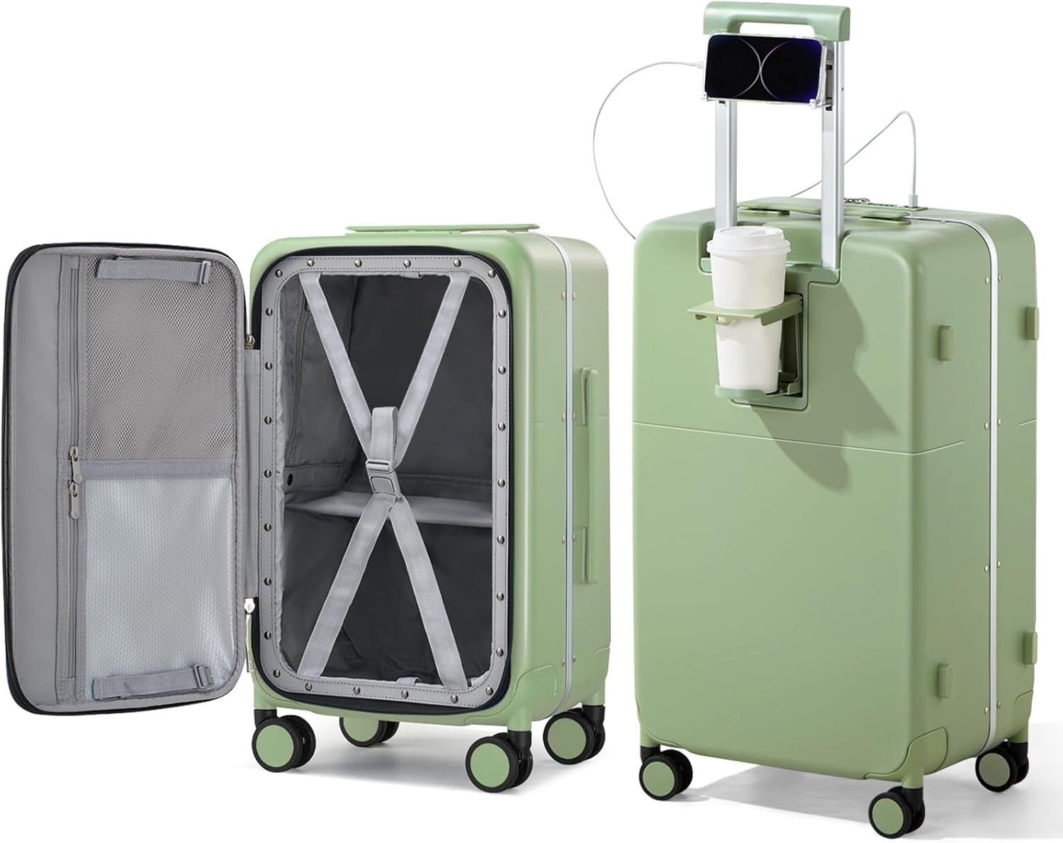 Hanke 24 Inch Checked Luggage with Cup Holder and USB Ports,Top Opening Hard Shell Suitcase with Wheels,Aluminum Frame Trunk Luggage with Foldable Dividers & TSA Lock for Travel, Bamboo Green