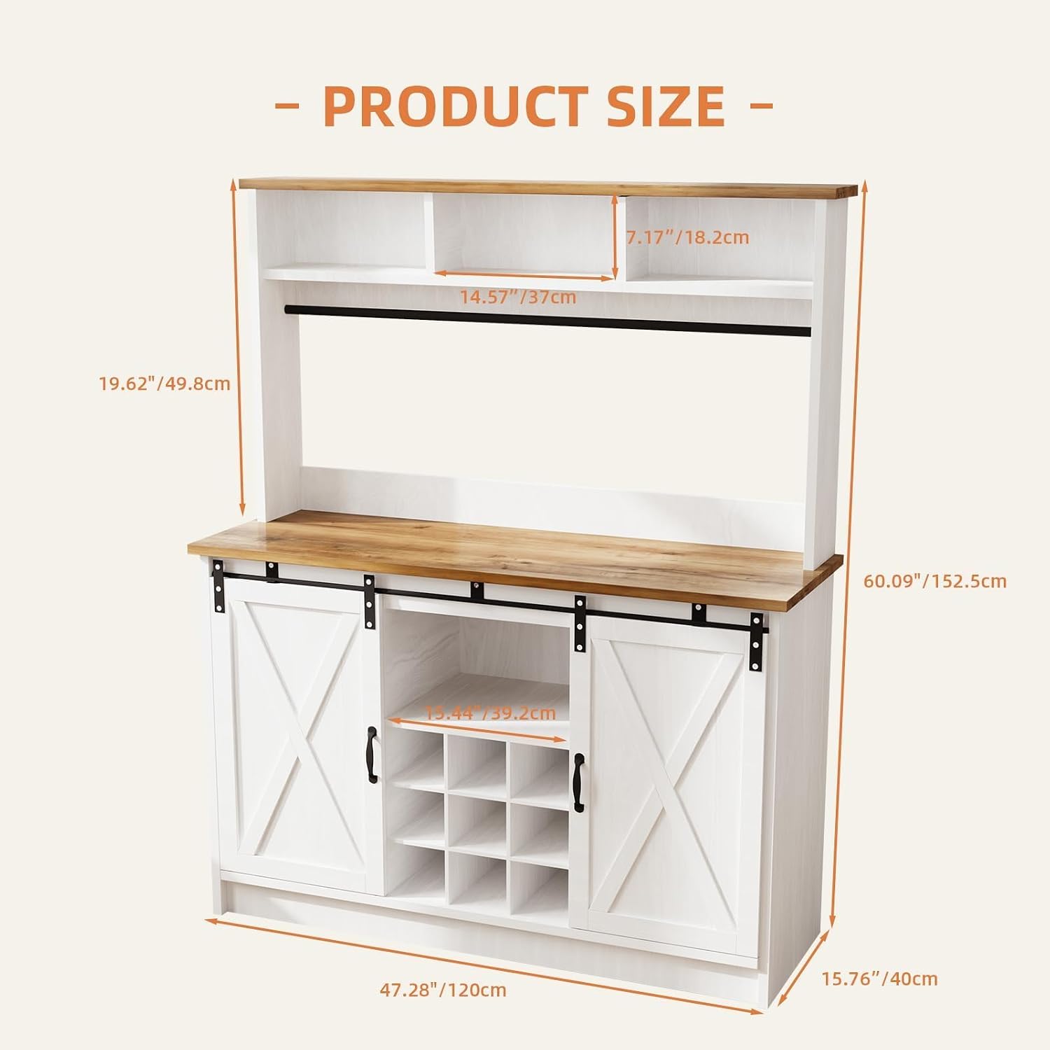4ever2buy Farmhouse Coffee Bar Cabinet with Storage, 47' Coffee Bar with Storage Hutch & Barn Doors, Hutch Cabinet with 6 Hooks & 9 Wine Racks for Dining Room, Kitchen, White