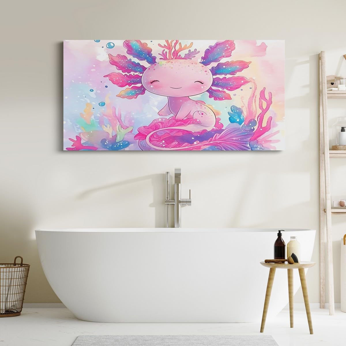 Erosebridal Large Cute Axolotl Canvas Wall Art for Living Room Boys Girls Kawaii Salamander Cartoon Wall Painting Poster Print,Kids Ocean Sealife Mermaid Coral Watercolor Artwork Posters 58'x29'