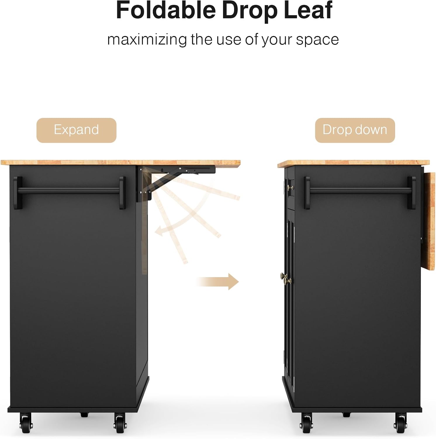Ahomly Kitchen Island with Storage, Island Table for Kitchen with Drop Leaf, 5 Wheels, a Drawer, Spicy Rack and Towel Bar, Black
