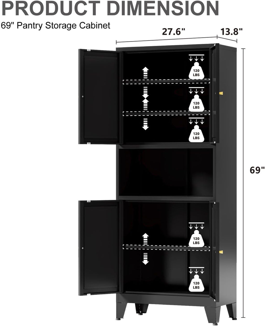 Metal Kitchen Pantry Cabinet, 69' Tall Black Storage Cabinet with 4 Doors and 3 Adjustable Shelves, Freestanding Cupboards with Microwave Stand for Dining Room, Living Room, Bathroom