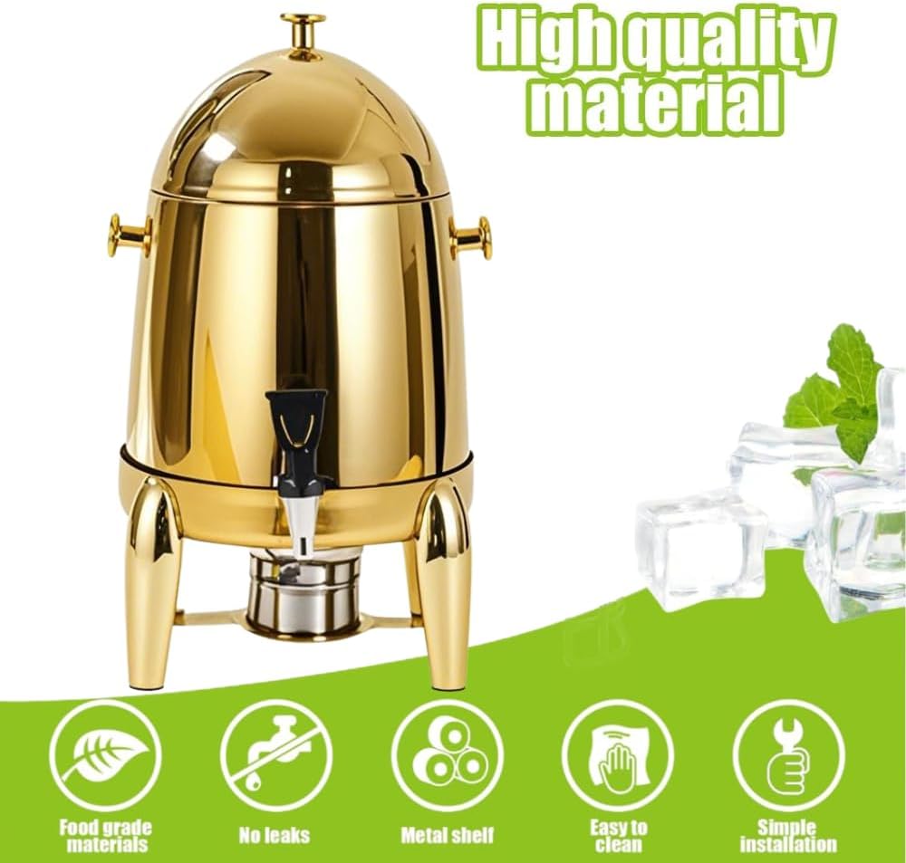 Coffee Urn With Fuel Holder, 3.17 Gallon/12L Stainless Steel Beverage Dispensers for Coffee Tea Hot Water, Hot Drink Dispenser with gold Stand, drink cooler for parties for events (Polised Gold)