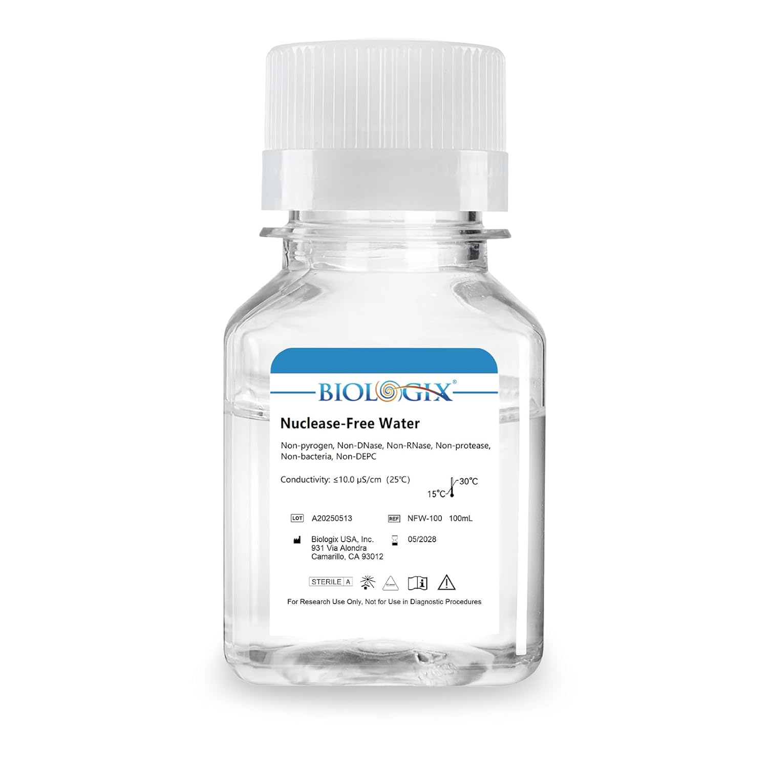 Ultra Pure Water, Nuclease Free Water Molecular Biology Grade, Sterilization, DNase, RNase, Protease, Endotoxins (Pyrogen) Free, PCR/RT-PCR Certified, 100ml/Bottle, 100 Bottles/Case