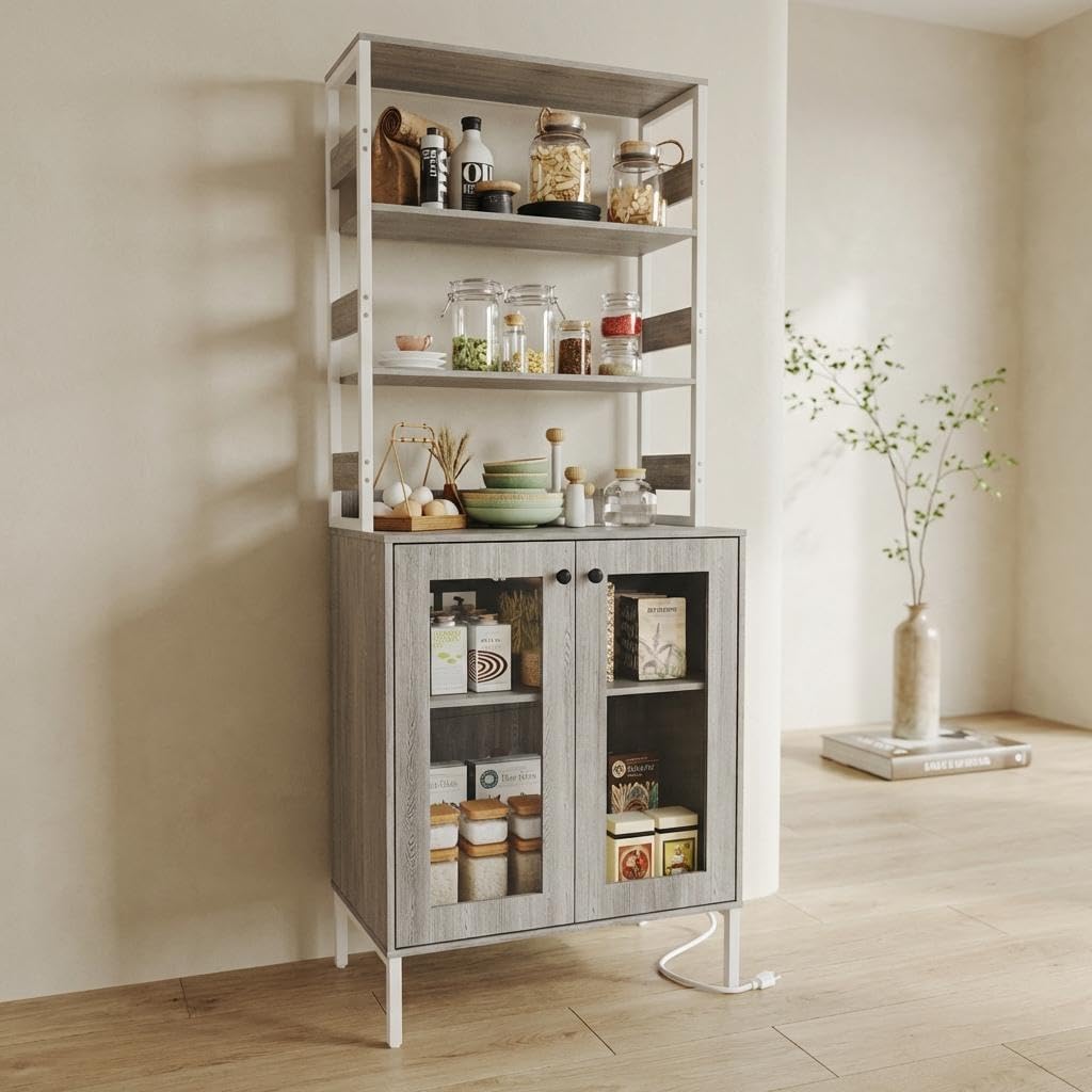Takywep Coffee Bar Cabinet, Kitchen Bakers Rack + Power Outlet, Pantry Cabinet + RGB LED Lights + Music Sync, Display Cabinet + Glass Doors + Adjustable Shelves, 66.9' h，Gray