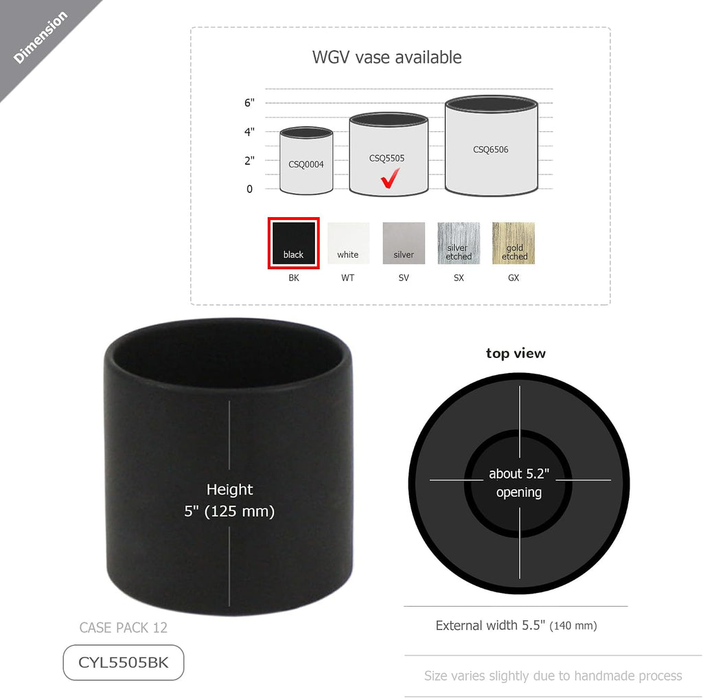 WGVI Matte Black Ceramic Cylinder Vase Width 5.5' Height 5', Flower Arrangements, Candle Holder, Terrarium Planter Pot, Storage Container Organizer, Pen Brush Holder, Tabletop Decor, Bulk, 12 Pcs