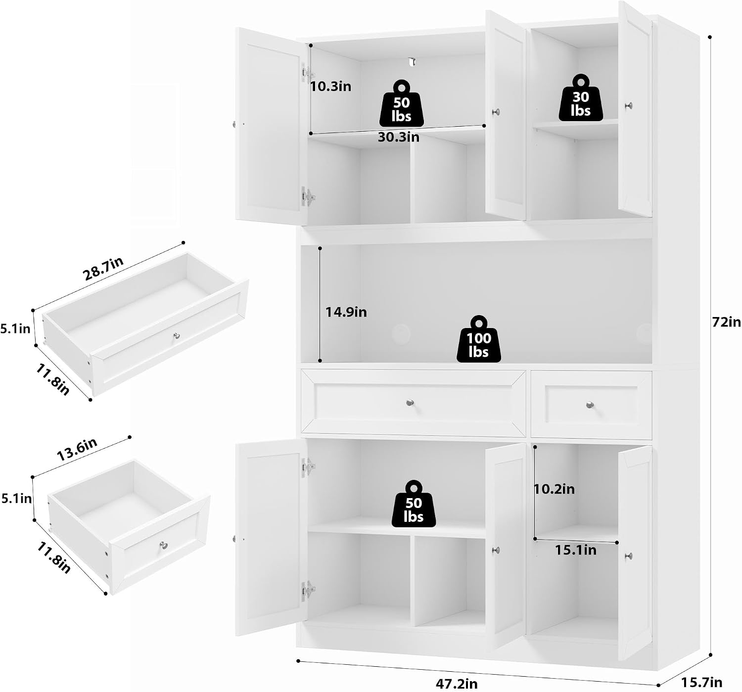 BOTLOG 72' Kitchen Pantry Cabinet, Kitchen Hutch with Microwave Stand, Buffet Cabinet with Hutch for Dining Room, White