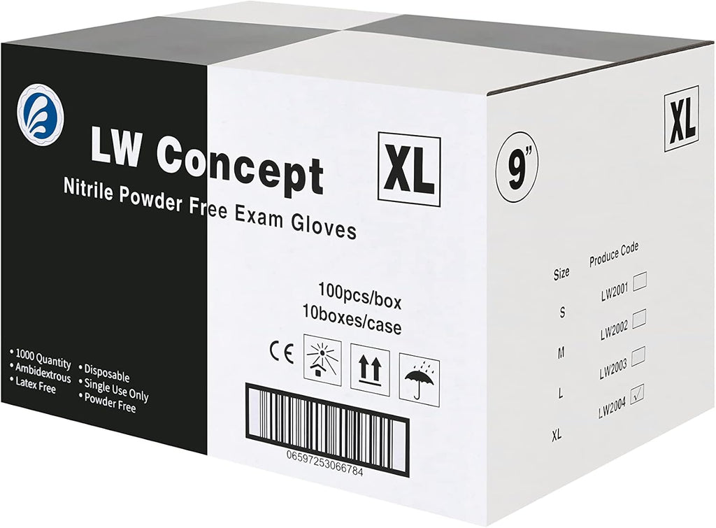 LW Concept - Black Nitrile Examination Gloves - Latex & Powder-Free, Disposable, Strong, Healthcare, Food Handling (Medium)