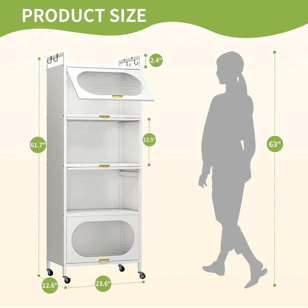 Kitchen Pantry Storage Cabinet,5 Tier Rolling Microwave Stand, Bakers Rack,Metal Pantry Cabinet with 4 Flip-up Doors for Kitchen,Living Room,Study (White)