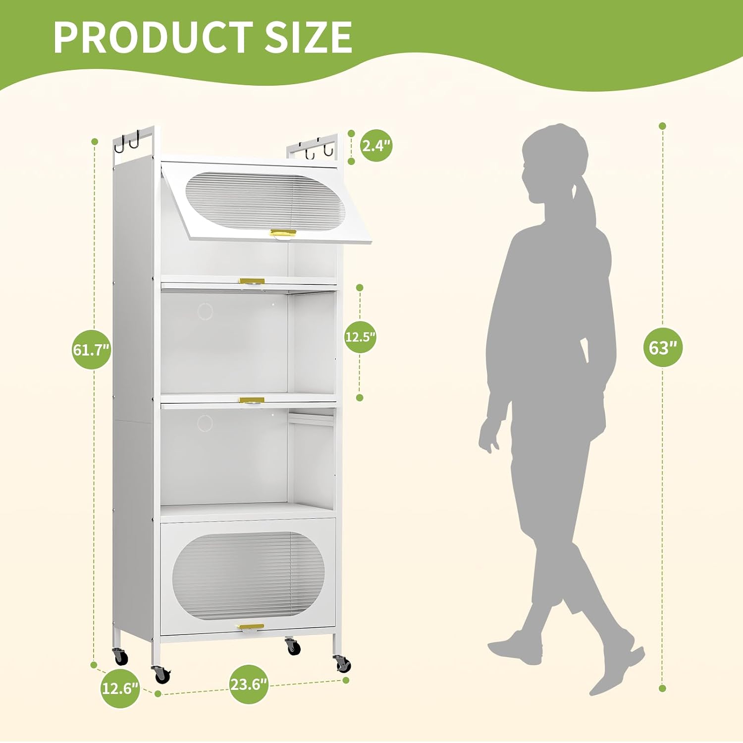 Kitchen Pantry Storage Cabinet,5 Tier Rolling Microwave Stand, Bakers Rack,Metal Pantry Cabinet with 4 Flip-up Doors for Kitchen,Living Room,Study (White)