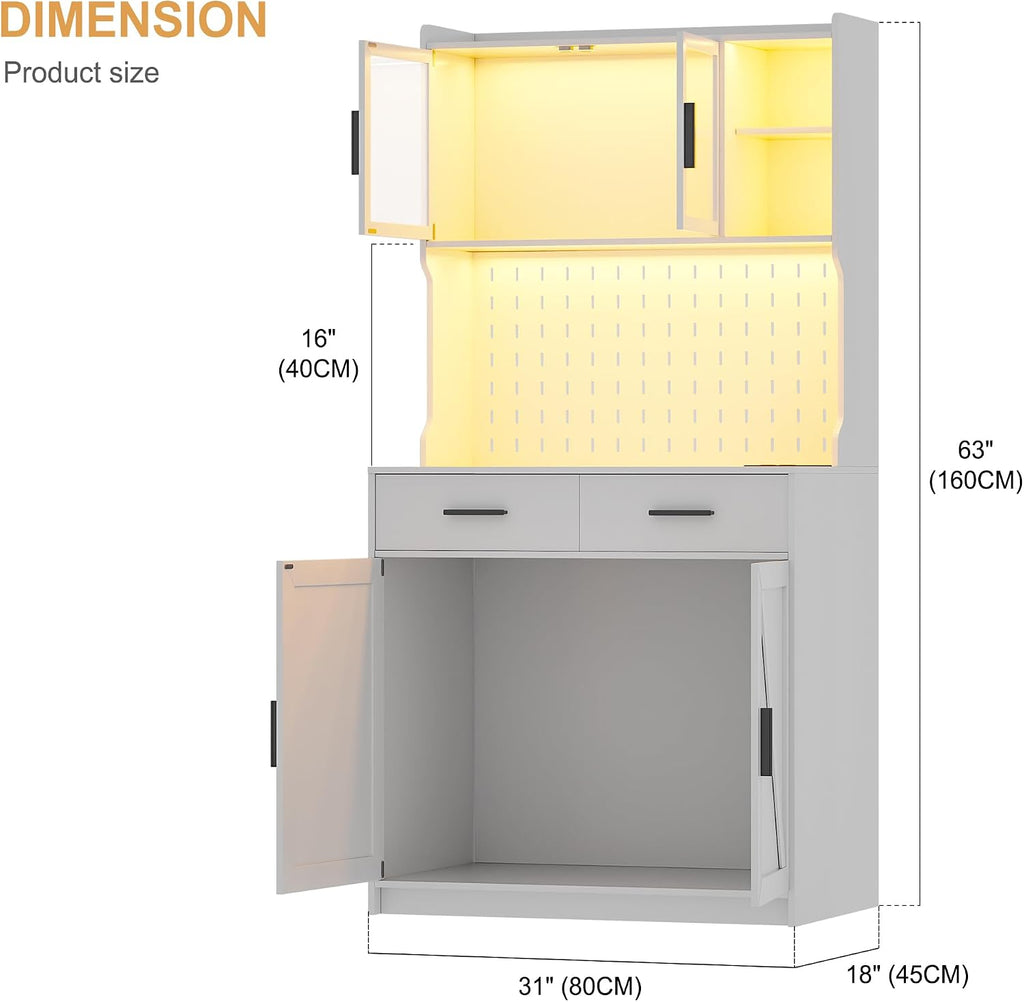 LED Kitchen Pantry Cabinet with Outlets, Farmhouse Storage Cabinet with Drawers & Adjustable Shelves, 64' Cupboard with Pegboard and Hooks for Dining Room (White)