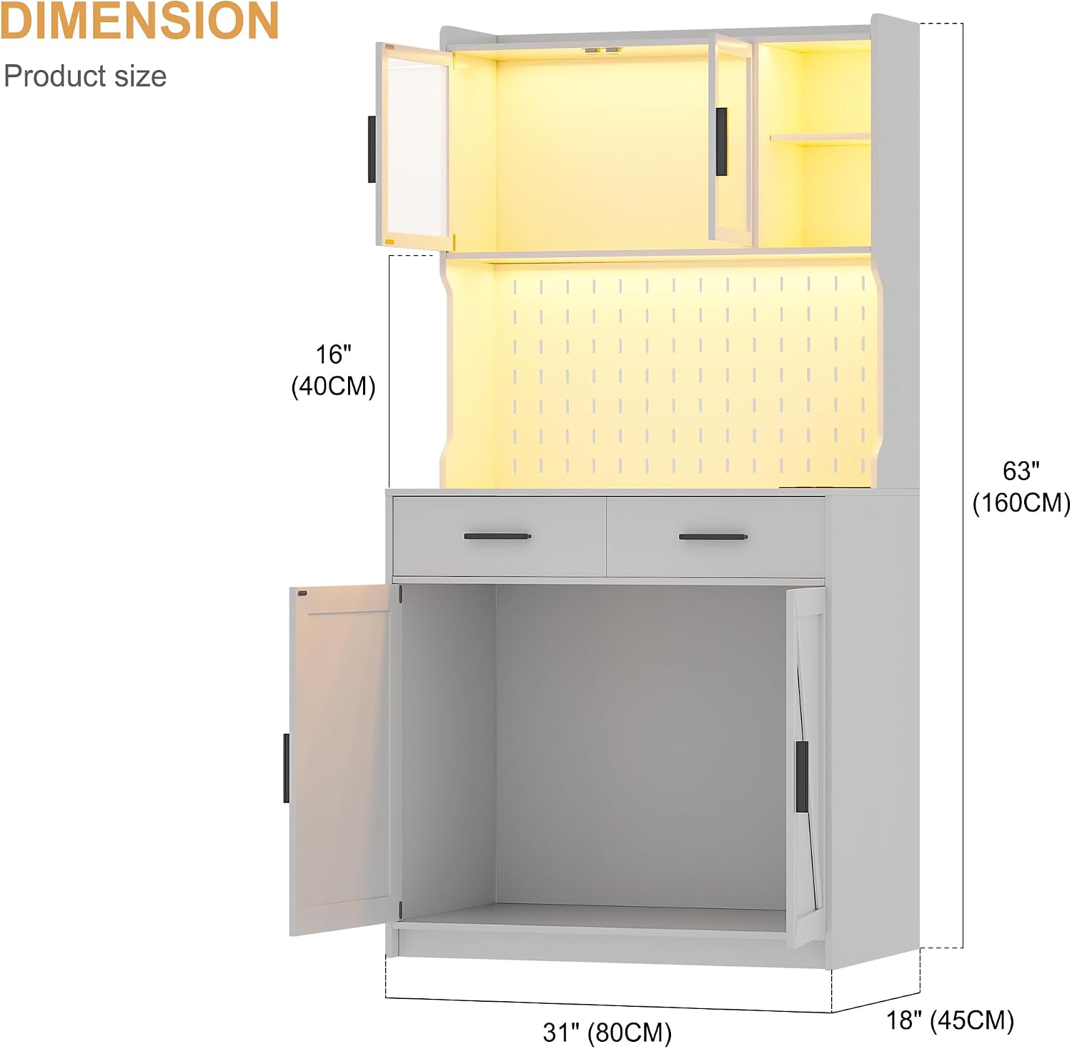 LED Kitchen Pantry Cabinet with Outlets, Farmhouse Storage Cabinet with Drawers & Adjustable Shelves, 64' Cupboard with Pegboard and Hooks for Dining Room (White)