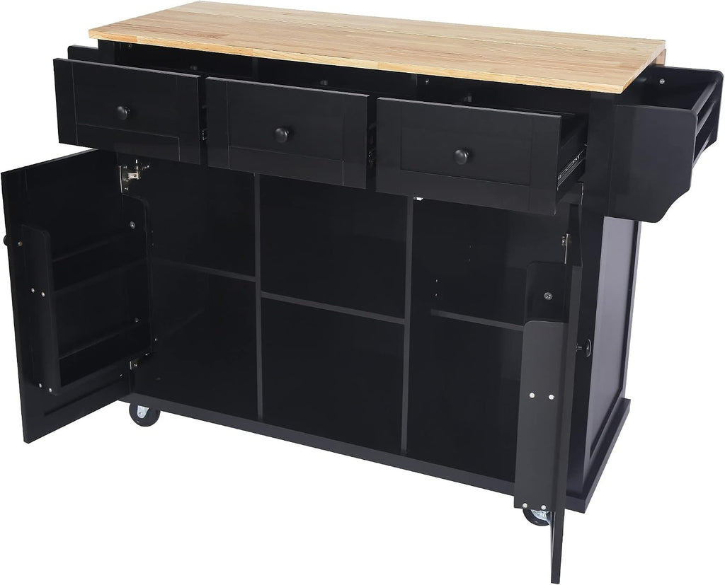 Modern Kitchen Island on 5 Wheels with Storage Cabinet and Drop-Leaf Countertop, Kitchen Cart with Cabinet Door Internal Storage Racks and 3 Drawers for Dinning Room (Black#M)